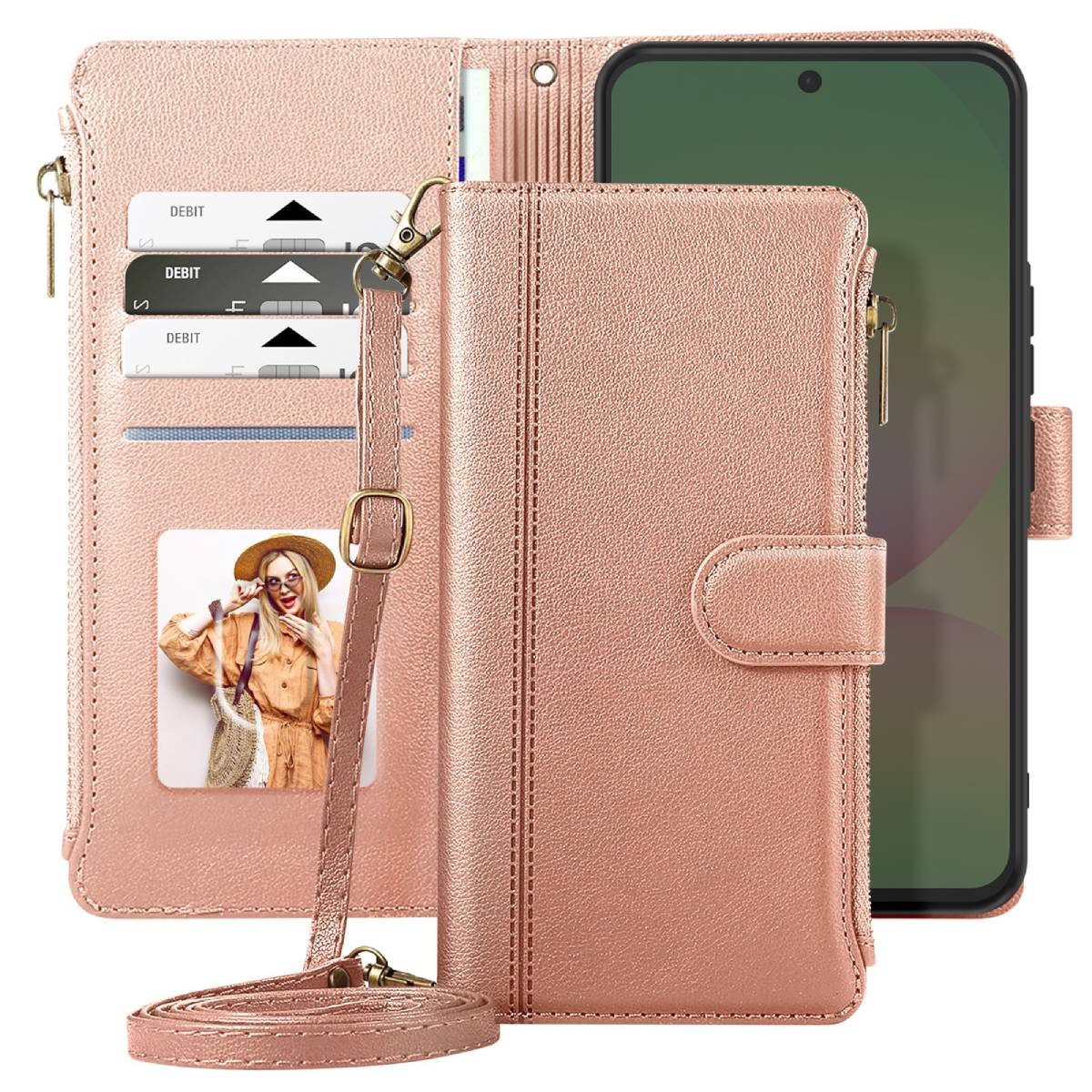 Una custodia per telefono in pelle rosa con design a portafoglio. Ha fessure per carte, una foto e un cinturino. Un telefono è nella custodia.