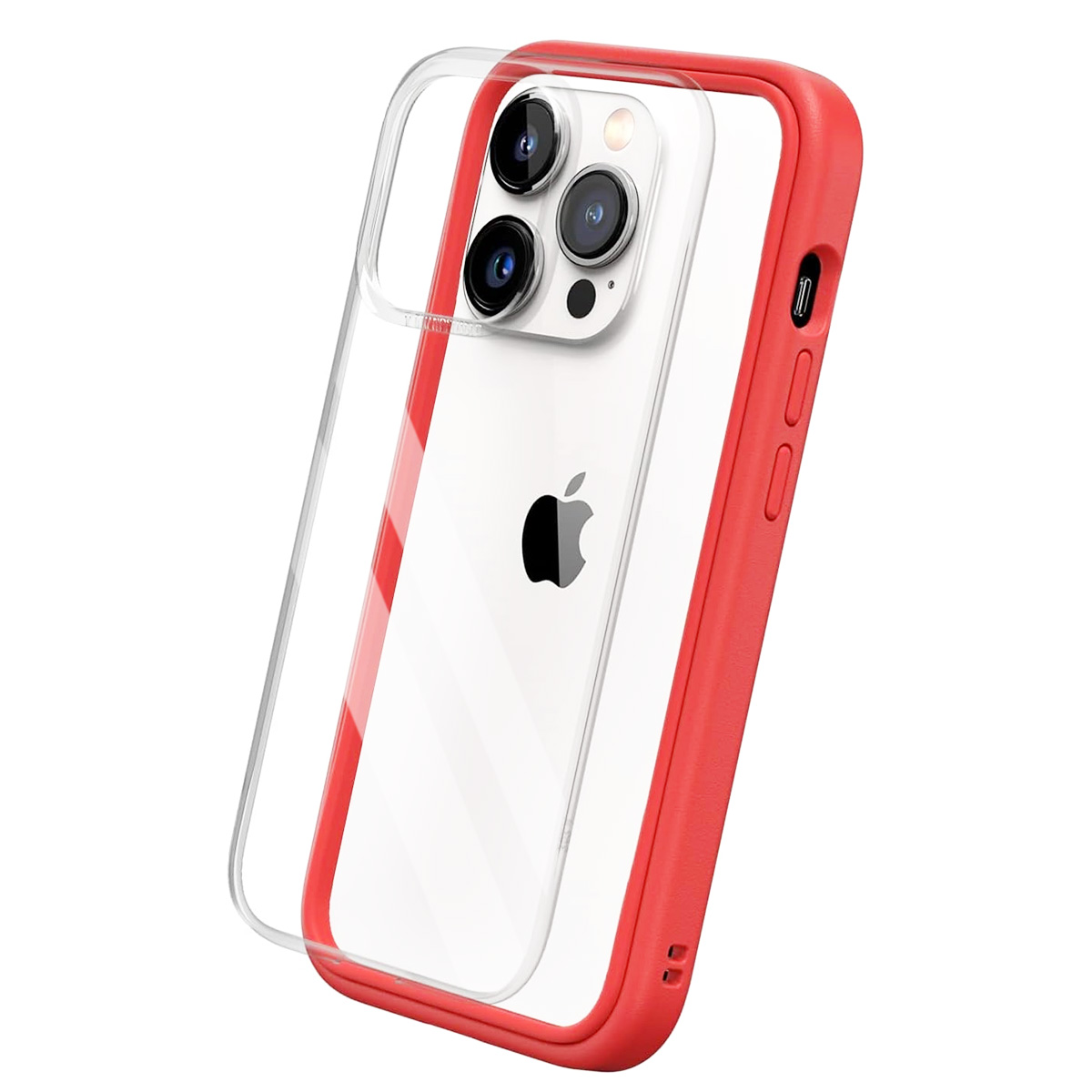 Un iPhone con custodia trasparente all'interno di un paraurti rosso, con fotocamere e logo Apple.