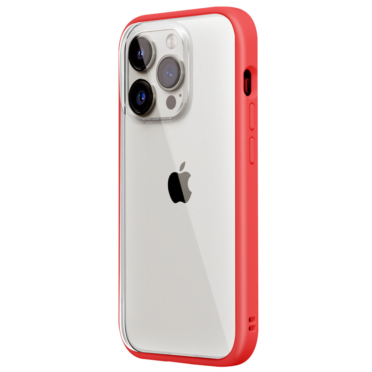 Un iPhone in una custodia rossa. La parte posteriore del telefono è visibile con il logo Apple. La custodia ha i lati trasparenti.