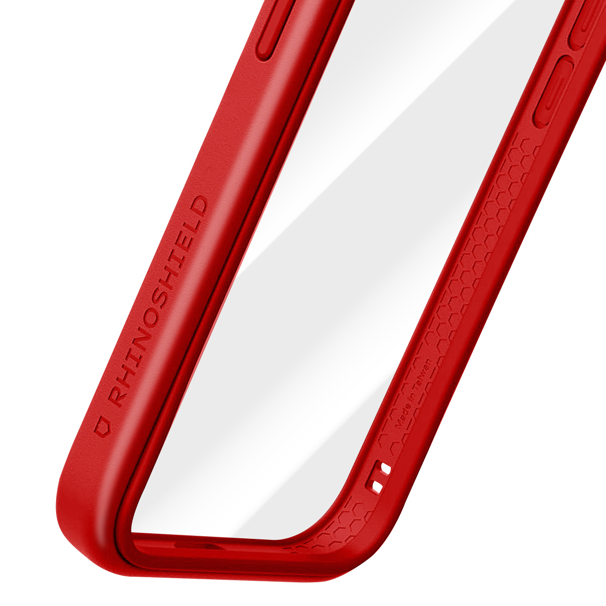 Una custodia rossa per telefono con centro trasparente. La custodia ha il marchio RHINOSHIELD. Il design è Made in Taiwan.