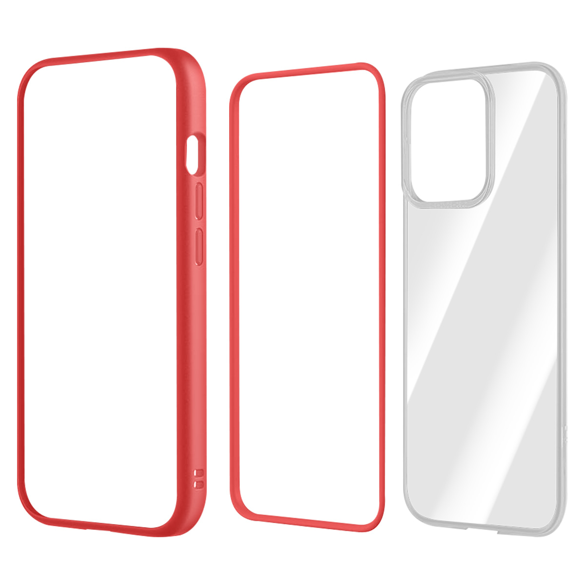 Tre custodie per telefono: una con cornice rossa, un telaio rosso solo e una custodia trasparente con ritaglio per fotocamera. Tutte vuote.