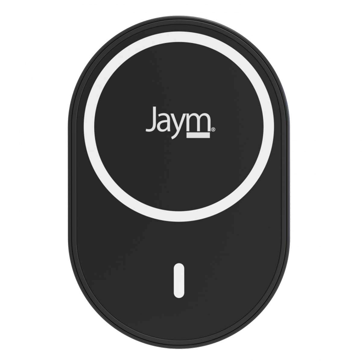 Cargador inalámbrico ovalado negro con círculo interior blanco y logotipo 'Jaym'. Línea e indicador blancos presentes.