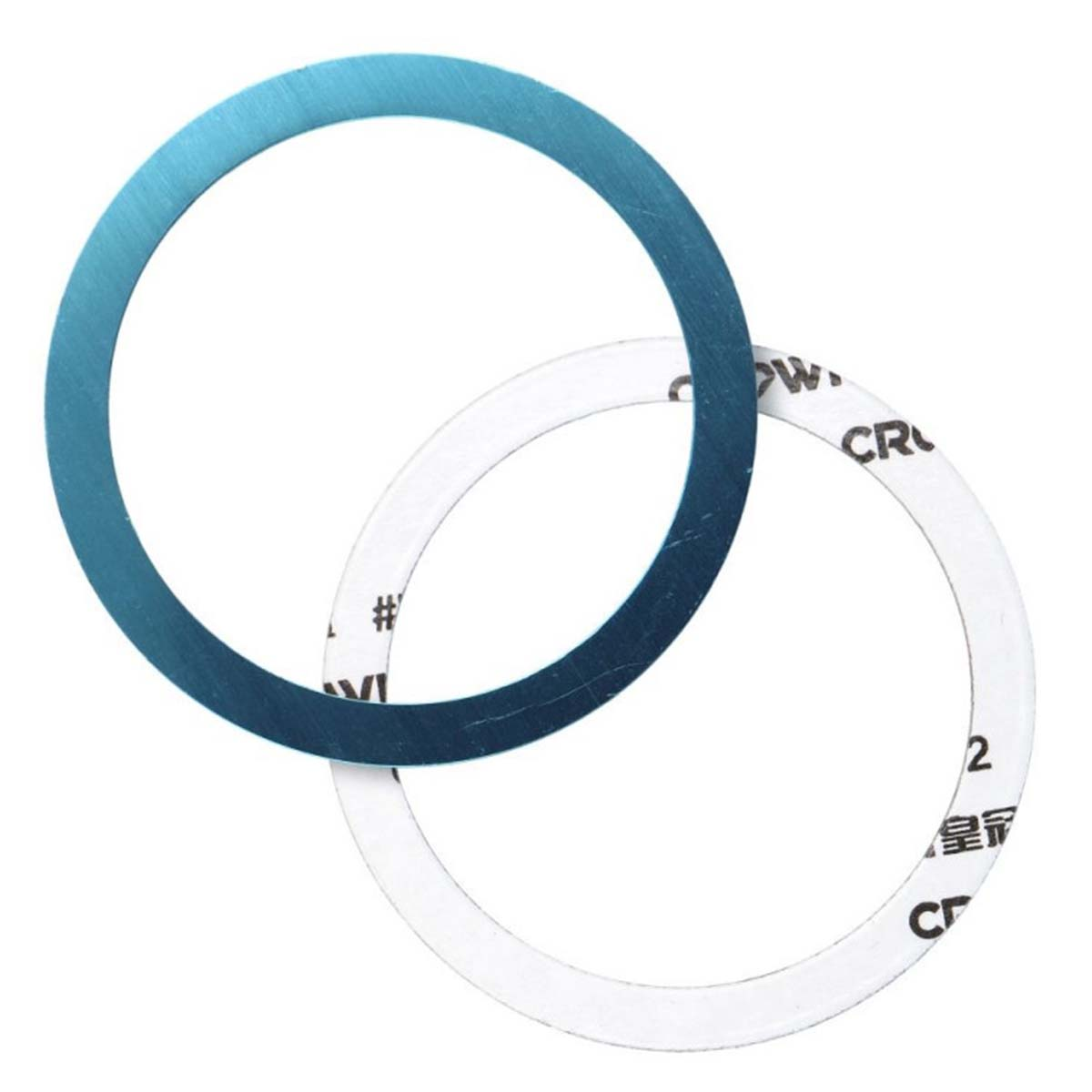 Dos objetos circulares: un anillo azul y un anillo blanco con texto. El anillo azul está encima. El anillo blanco tiene texto impreso.