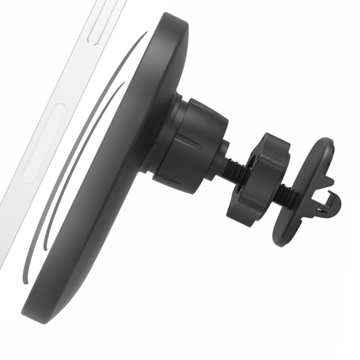 Un soporte negro para teléfono de coche con un teléfono adjunto. El soporte tiene varias partes, incluyendo una base magnética y un clip de ventilación.