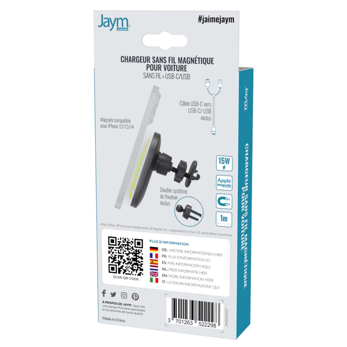 Embalaje para un cargador magnético para automóvil. Incluye cargador, cable y sistema de montaje. Compatibilidad con MagSafe y código QR.