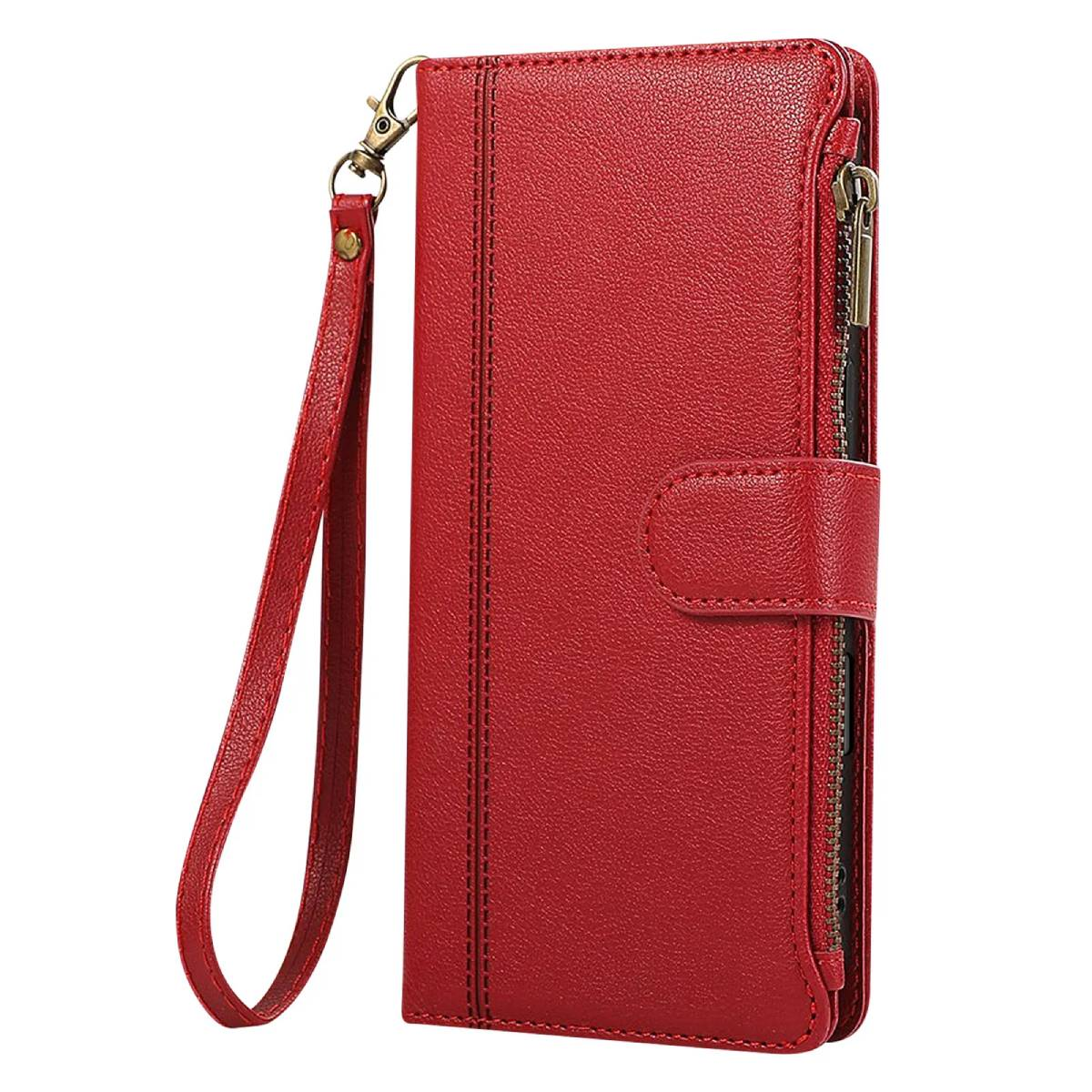 Portafoglio in pelle rosso con cinturino da polso. Presenta una cerniera, chiusura a bottone e hardware dorato.