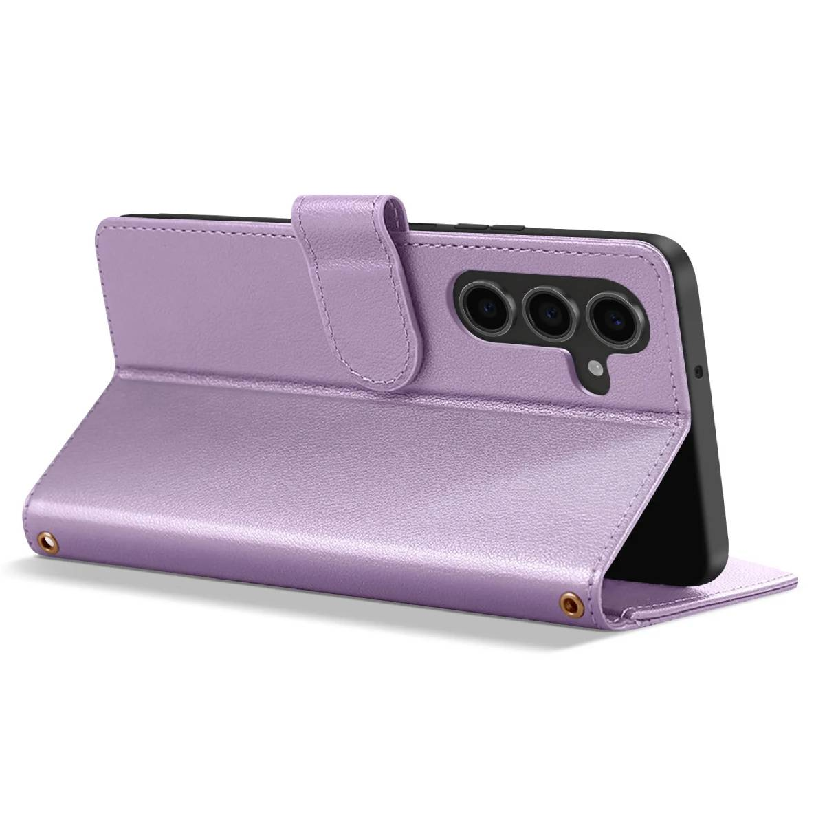 Una custodia viola è aperta, con un telefono. La custodia ha una chiusura magnetica e un supporto. Il telefono ha tre obiettivi.
