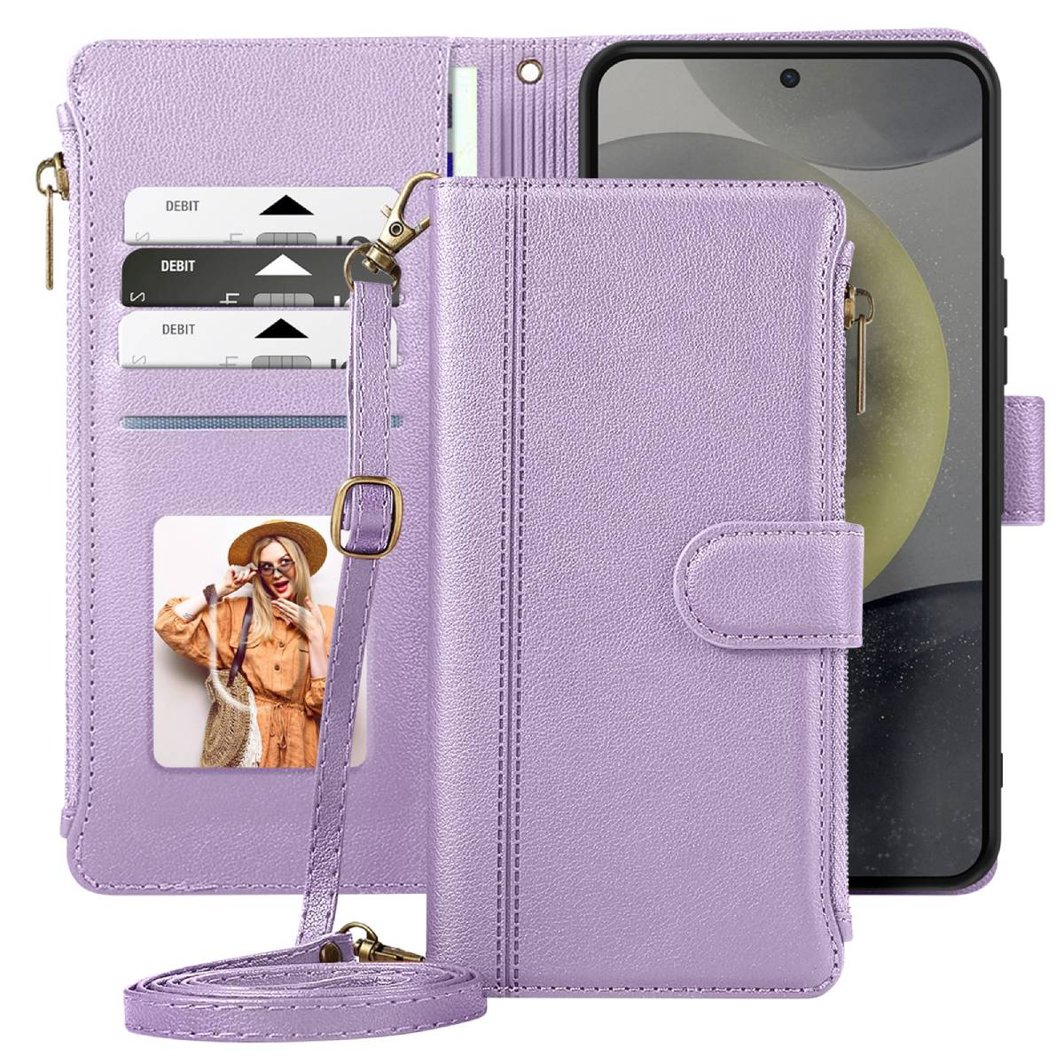 Un portafoglio viola con telefono, carte e foto di una persona. Ha un cinturino e una cerniera.
