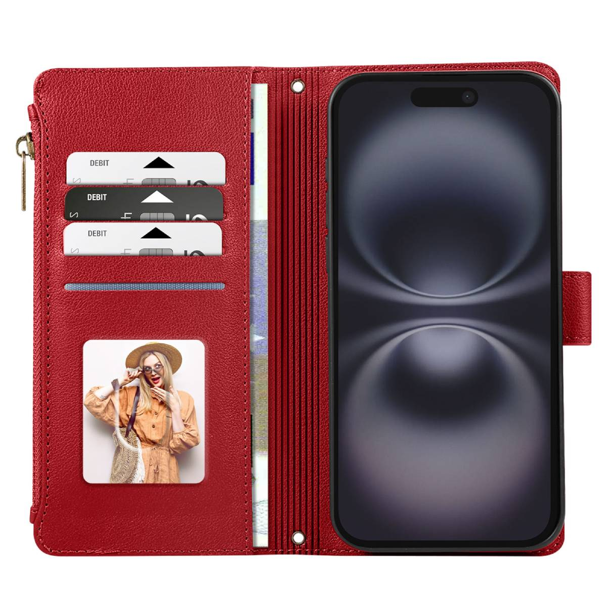 Custodia rossa con portafoglio, tiene telefono, carte e foto di donna. Aperta con fessure e contanti.