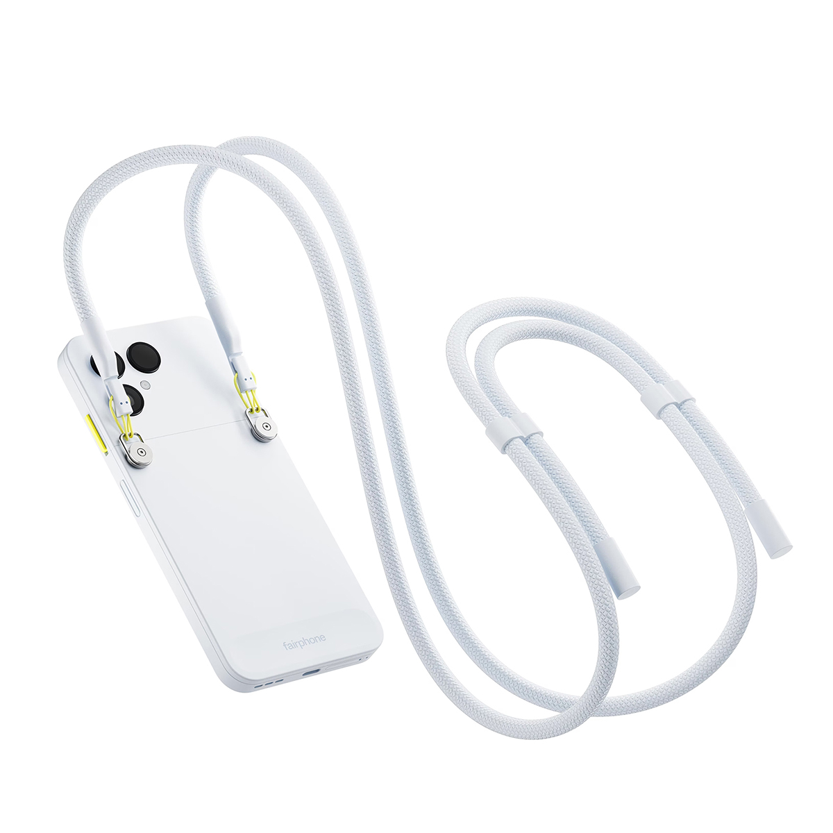 Ein weißes Fairphone mit weißem Seilriemen. Das Telefon hat eine Kamera und einen gelben Akzent. Der Riemen ist geschlungen und hat Kunststoffverbinder.