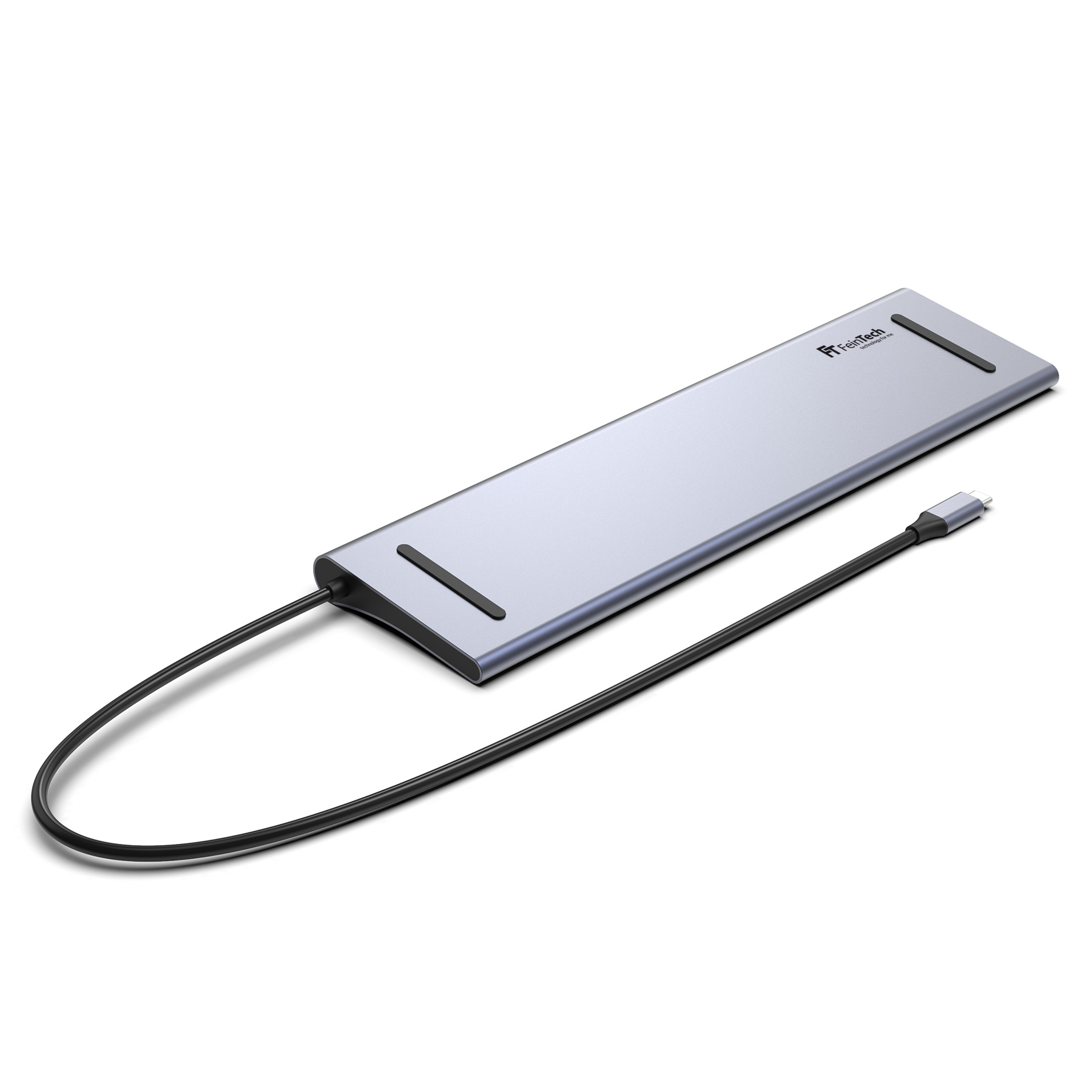 Ein silberner FreeTech USB-C-Hub mit schwarzem Kabel. Der Hub ist rechteckig und hat zwei schwarze Pads. Der Hintergrund ist weiß.