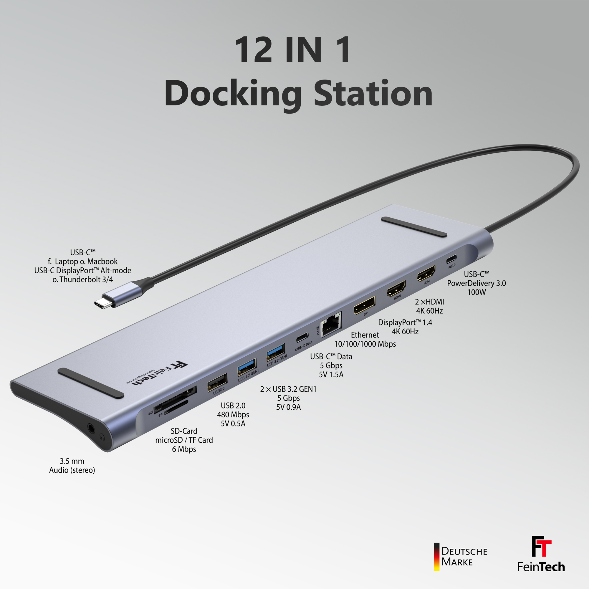 Silberne 12-in-1-Dockingstation mit mehreren Anschlüssen, einschließlich USB, HDMI und Ethernet, verbunden mit USB-C.