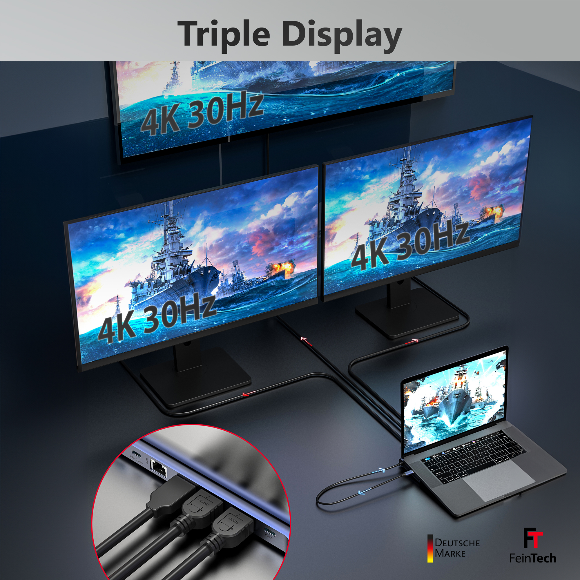 Ein Laptop ist mit drei Monitoren verbunden, die eine Kriegsschiffszene zeigen. Kabel und der Text 'Triple Display' sind sichtbar.