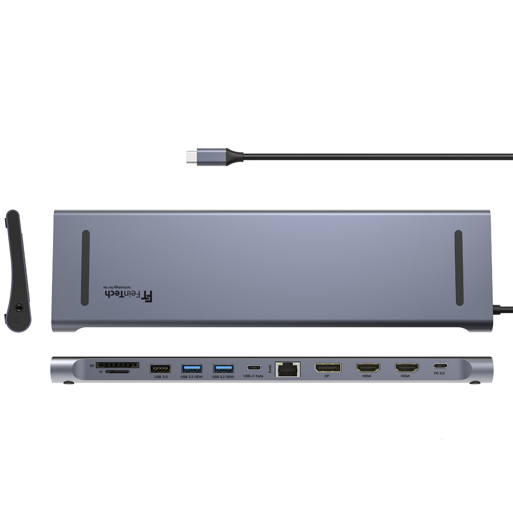 Eine graue FeinTech-Dockingstation mit mehreren Anschlüssen, ein USB-C-Kabel und ein kleiner Adapter vor weißem Hintergrund.