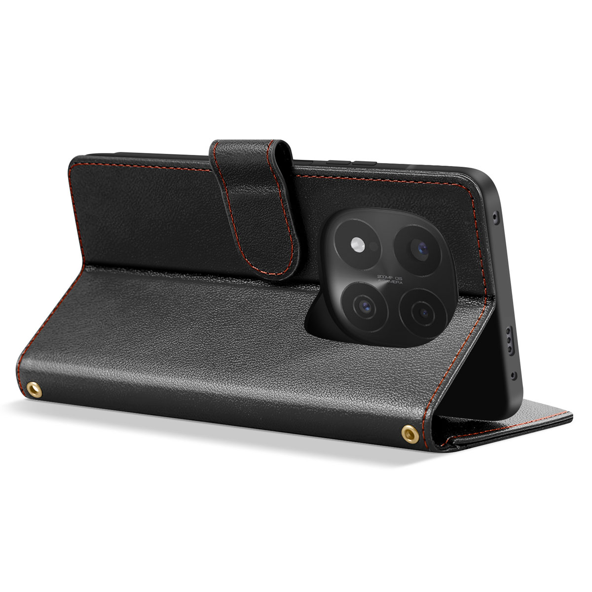 Custodia per telefono nera con cuciture arancioni, che tiene un telefono con fotocamera. La custodia è aperta, rivelando il retro del telefono.
