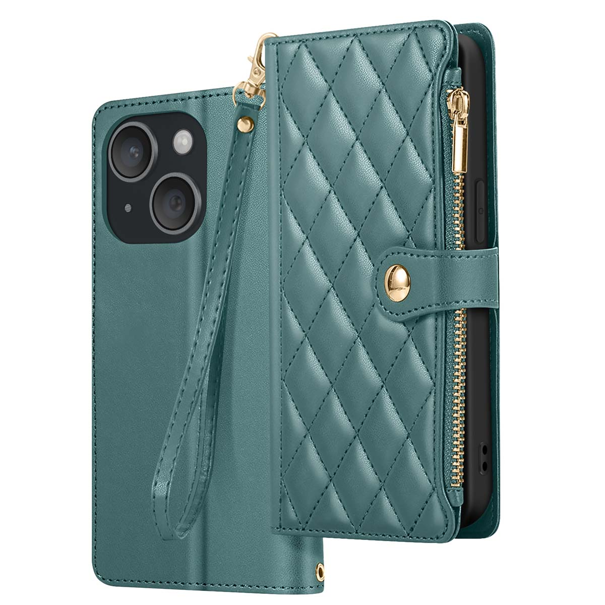 Custodia per telefono color verde acqua con portafoglio. Design trapuntato sul portafoglio, cerniera e chiusura dorate. Il telefono ha due fotocamere. Cinturino da polso e dettagli dorati.