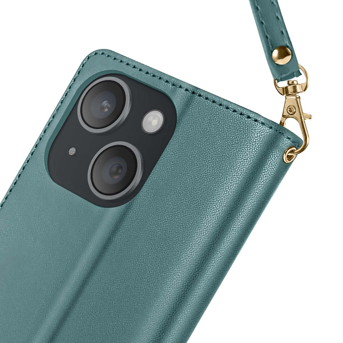 Primo piano di una custodia per telefono color verde acqua con lenti della fotocamera. Un cinturino è attaccato con un fermaglio dorato. La custodia sembra essere in pelle.