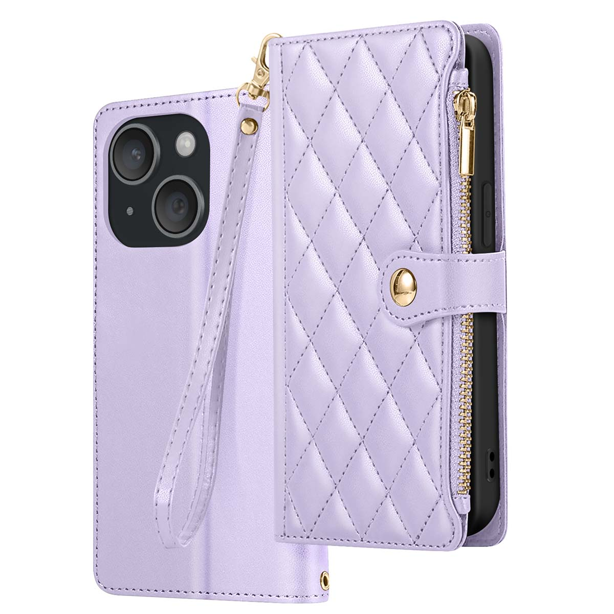 Una custodia per telefono lavanda con design a portafoglio. Ha una trama trapuntata, una cerniera dorata e un cinturino da polso.