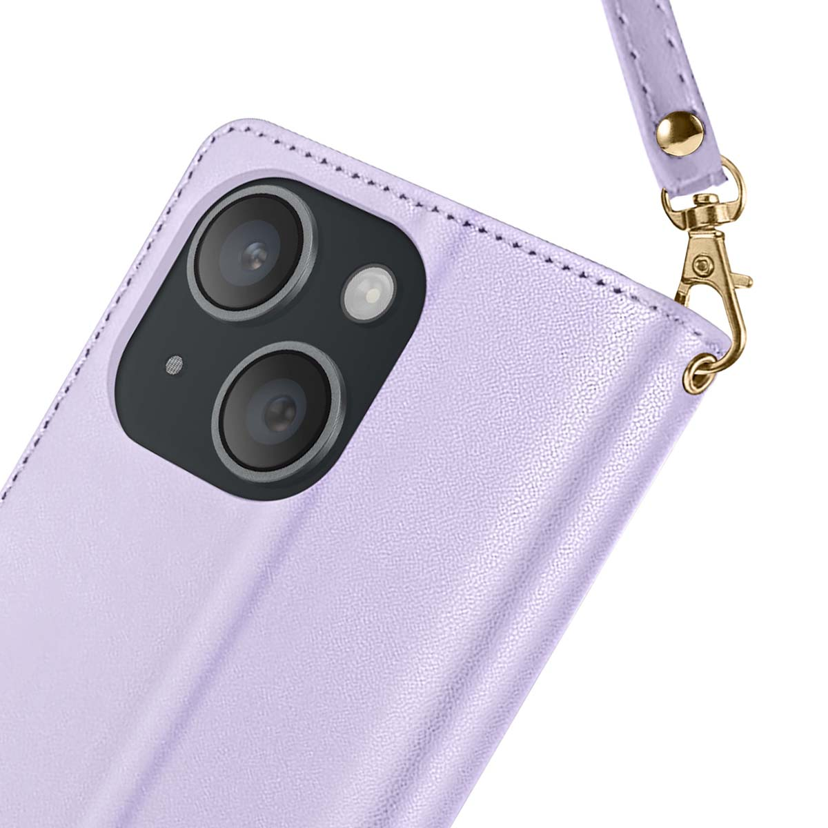 Una custodia per telefono lilla chiaro con modulo fotocamera e cinturino. Il cinturino è attaccato con un fermaglio dorato. Lo sfondo è bianco.