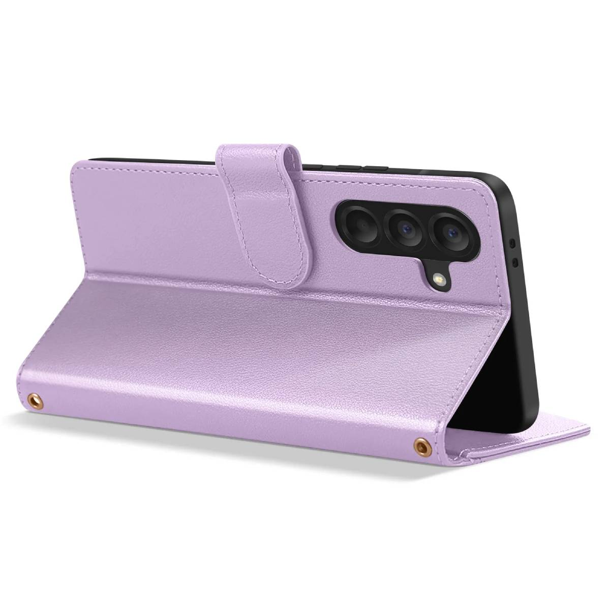 Una custodia per telefono color lavanda con un telefono all'interno, aperta, che mostra le fotocamere del telefono e una chiusura.