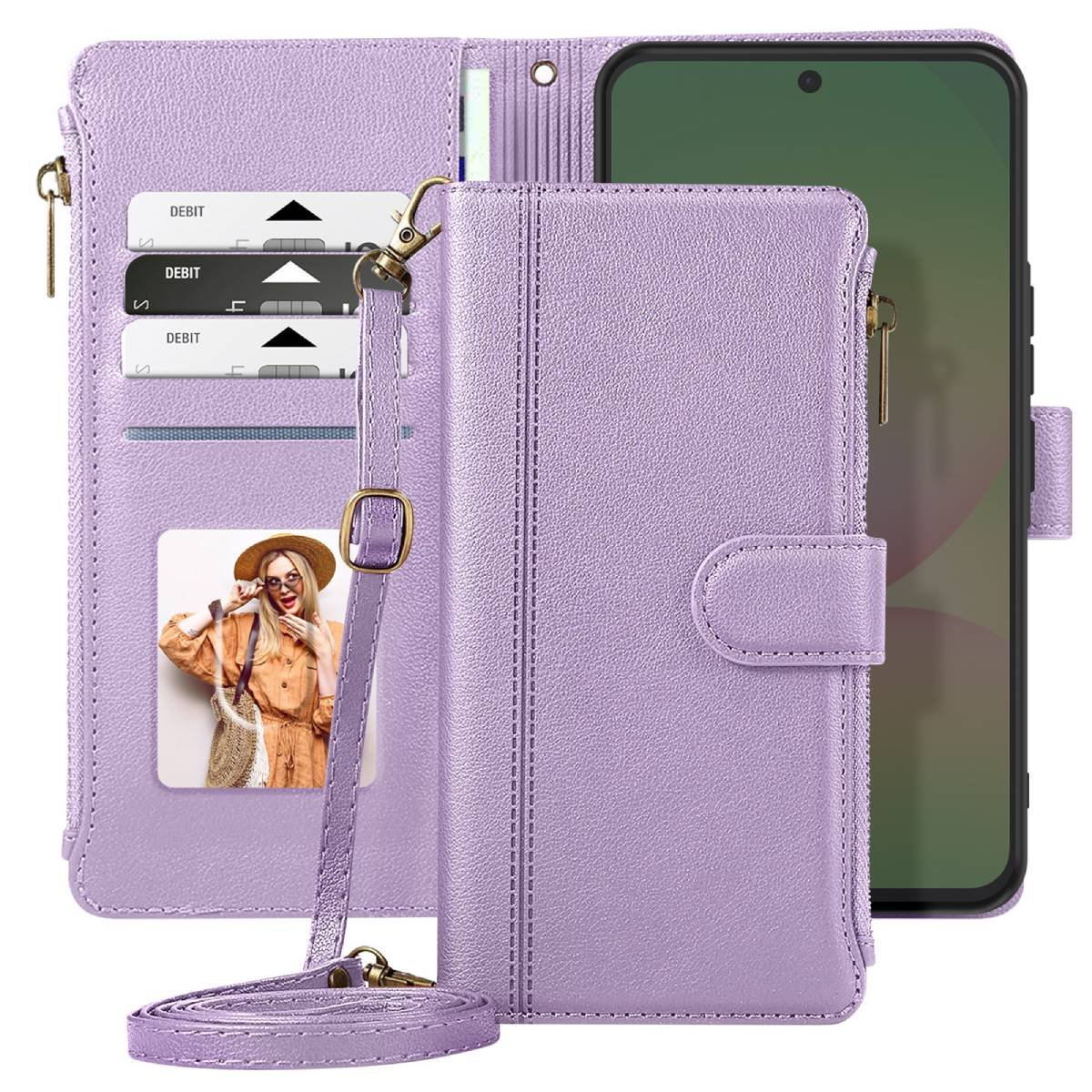 Un portafoglio per telefono viola chiaro con un telefono all'interno, carte di debito e una foto di una donna. Il portafoglio ha un cinturino.