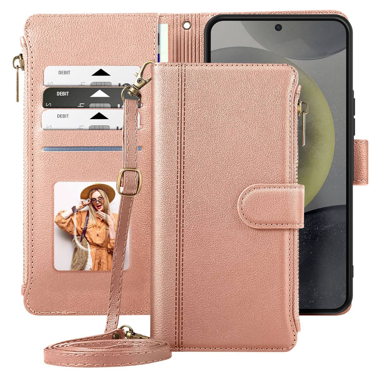 Portafoglio per telefono oro rosa con cinturino. Ha fessure per carte, una foto e un supporto per telefono. Il portafoglio si chiude con un bottone a pressione.