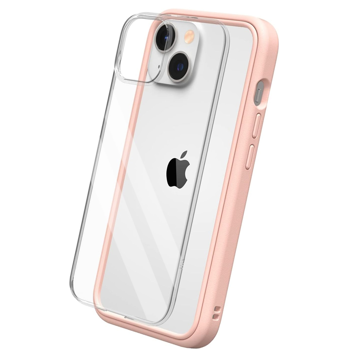 Un iPhone in una custodia trasparente con un paraurti rosa. Il telefono ha un logo Apple nero. La custodia è trasparente.