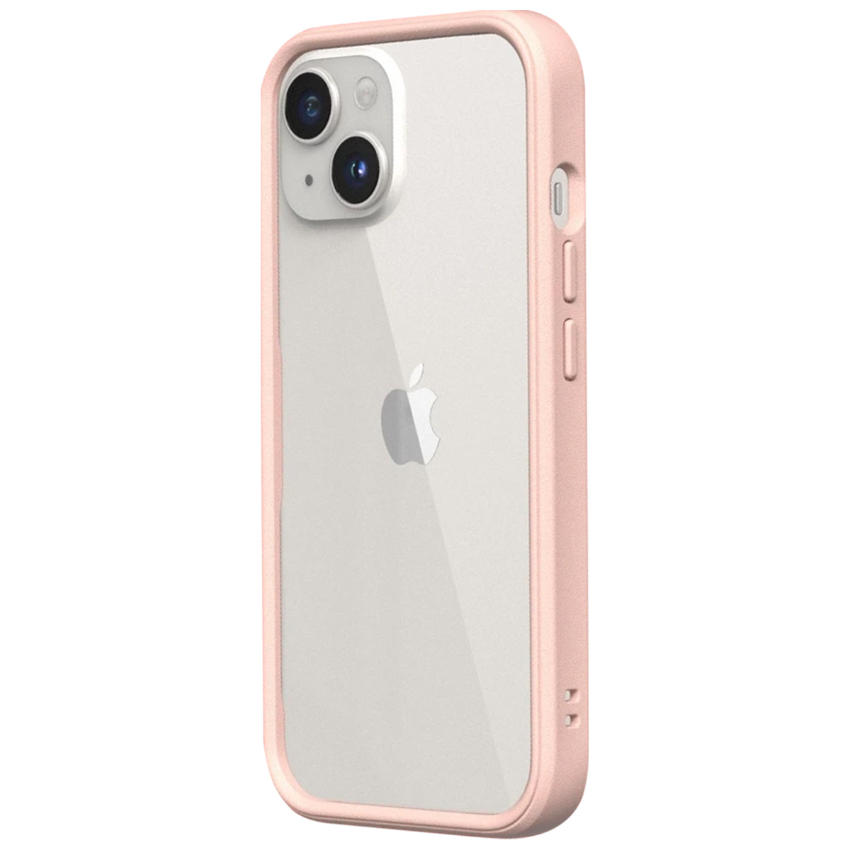 Un iPhone con una custodia trasparente. La custodia ha una cornice rosa. Il telefono ha doppie fotocamere, il logo Apple e pulsanti laterali.