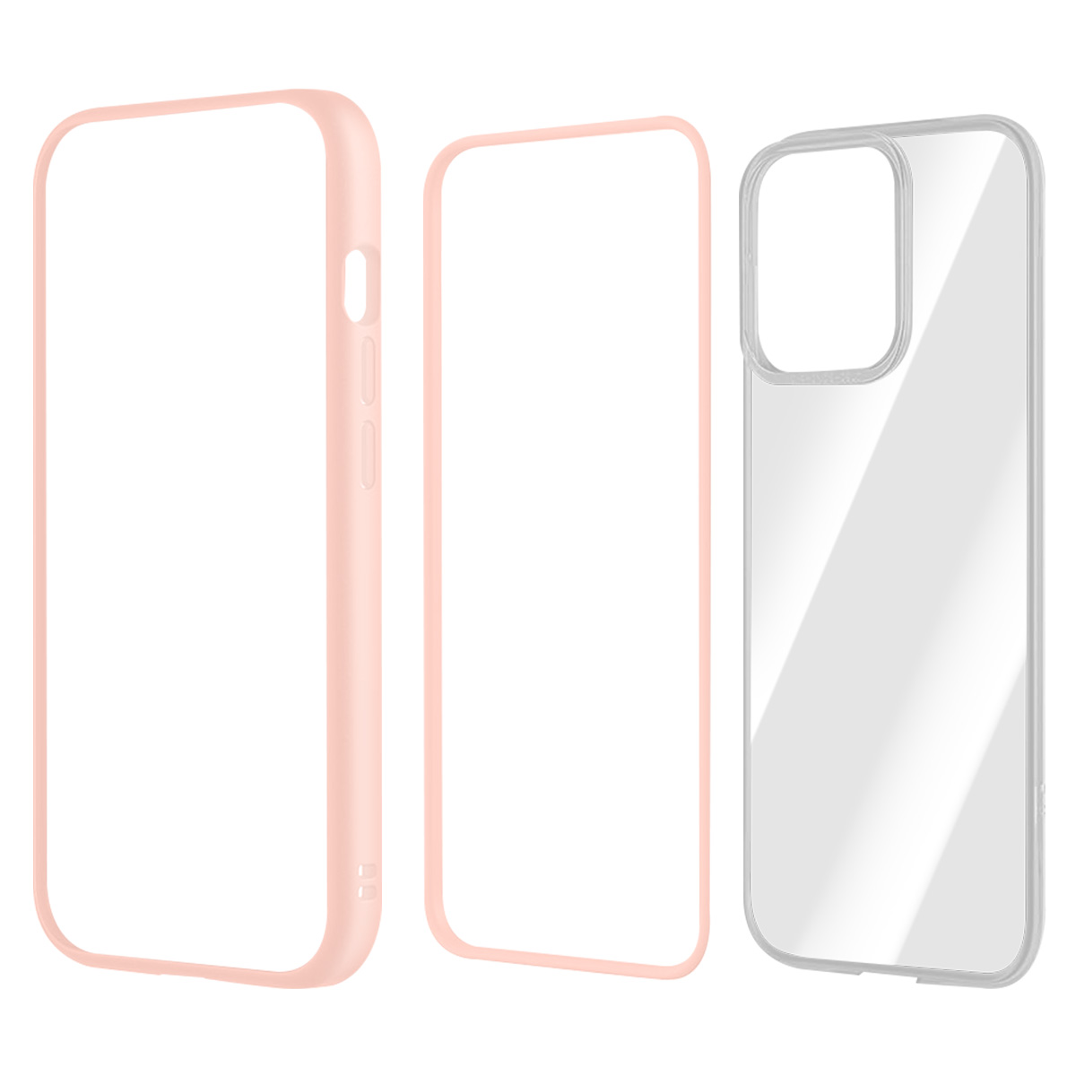 Tre custodie per telefono: una cornice rosa, un contorno rosa e una custodia trasparente. Tutte sono vuote e pronte per un telefono.