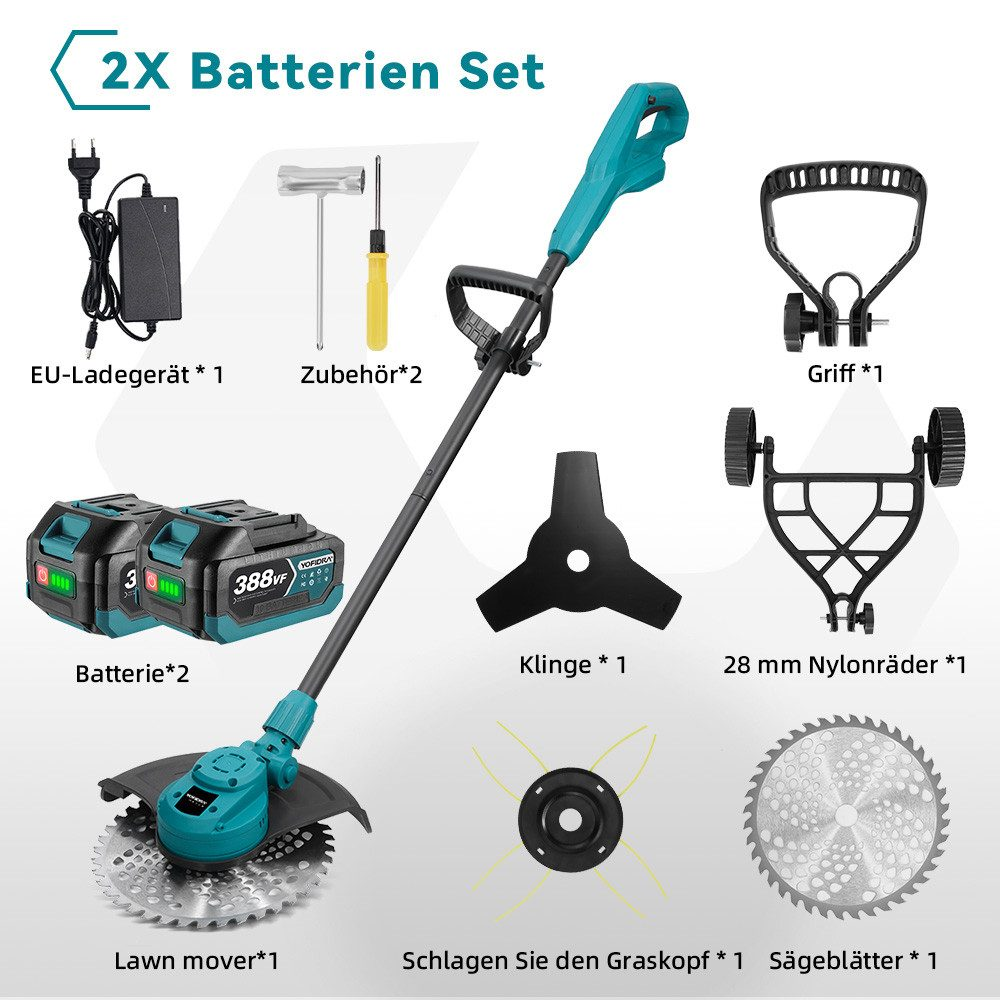 Ein Set mit Rasenpflege-Werkzeugen umfasst einen Rasenmäher, Batterien, Ladegerät und Zubehör. Alle Artikel sind auf Deutsch beschriftet.