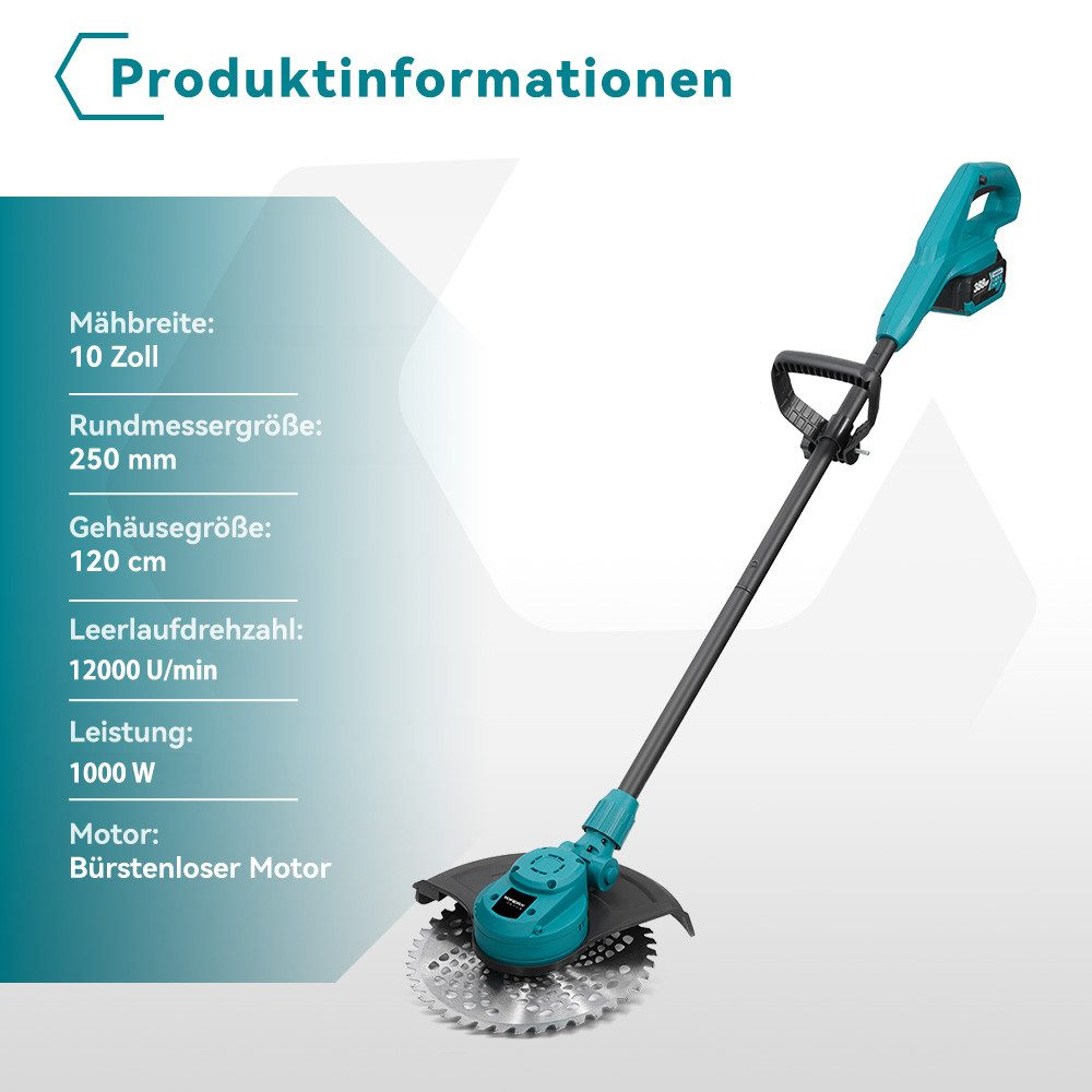 Ein türkisfarbener und schwarzer Rasentrimmer auf weißem Hintergrund. Text links gibt Produktspezifikationen an.