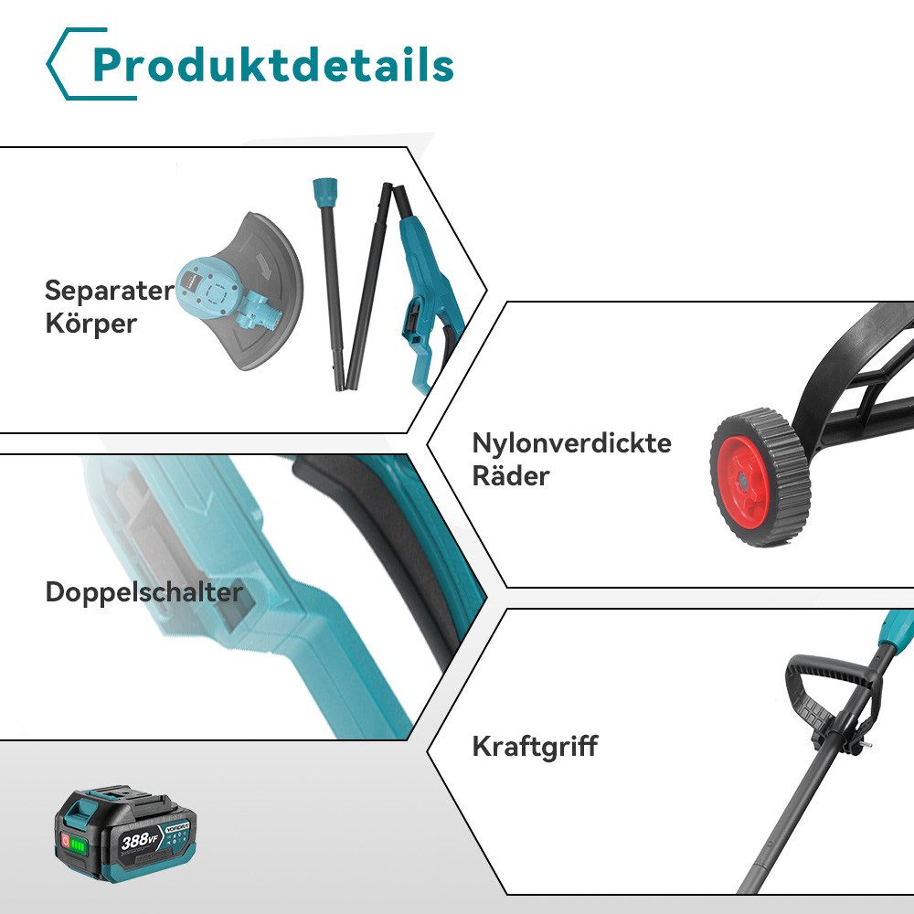 Produktdetails: Getrennter Körper, Doppelschalter, Nylonräder, Kraftgriff und ein Akku. Alle Komponenten eines Gartengeräts.