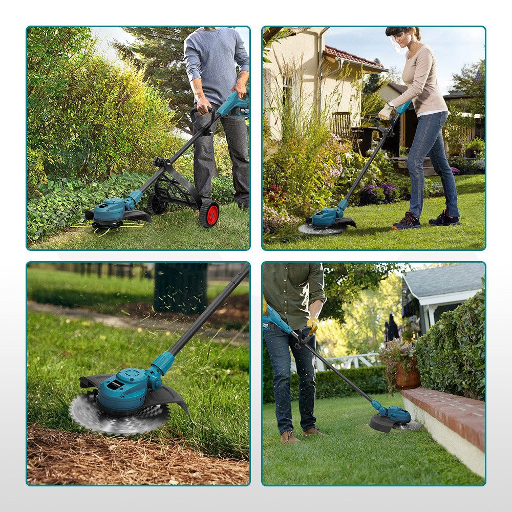 Vier Bilder zeigen Personen, die teal- und schwarze Rasentrimmer benutzen. Sie schneiden Gras und Unkraut in verschiedenen Außenbereichen.