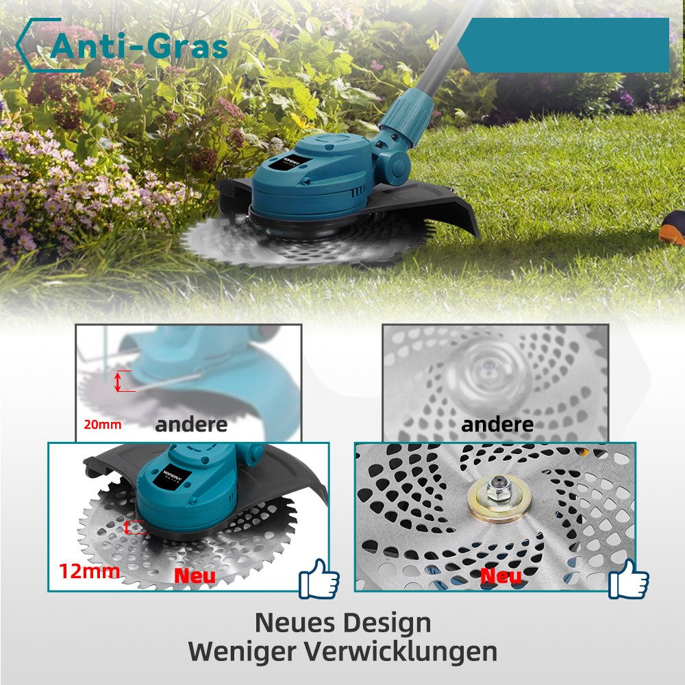 Ein Rasentrimmer mit blauem Gehäuse und silbernen Klingen. Der Hintergrund zeigt Gras und Blumen mit Klingendetails.