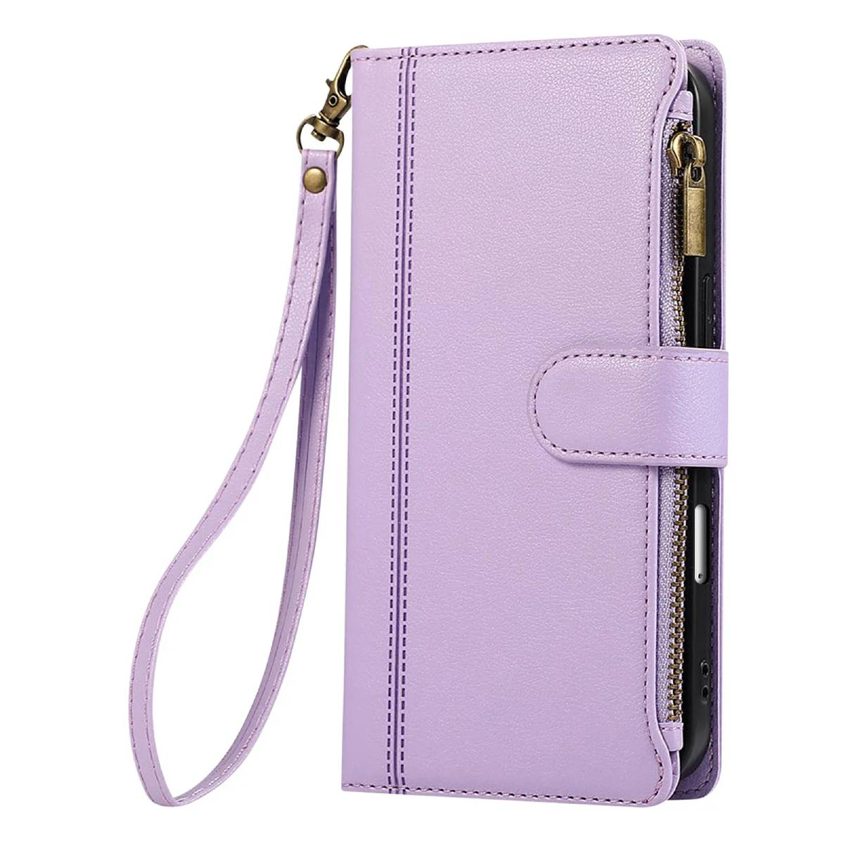 Un portafoglio in pelle viola chiaro con cinturino, cerniera e chiusura a bottone. Dettagli cuciti percorrono il centro e i bordi.