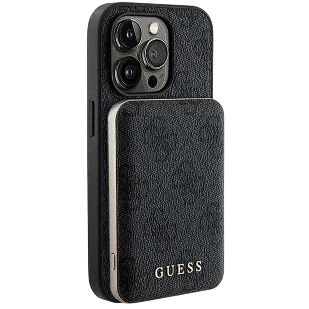 Custodia per telefono Guess nera con ritagli per fotocamera e portafoglio attaccato. Logo Guess in basso. Rifiniture argentate.