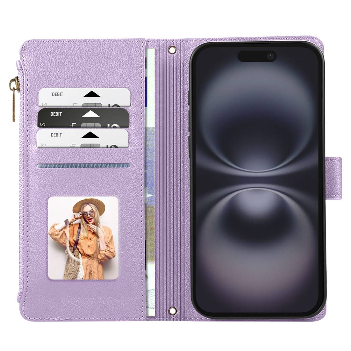 Portafoglio custodia per telefono viola aperto, con telefono, carte e una foto di una donna. Il portafoglio ha una cerniera.