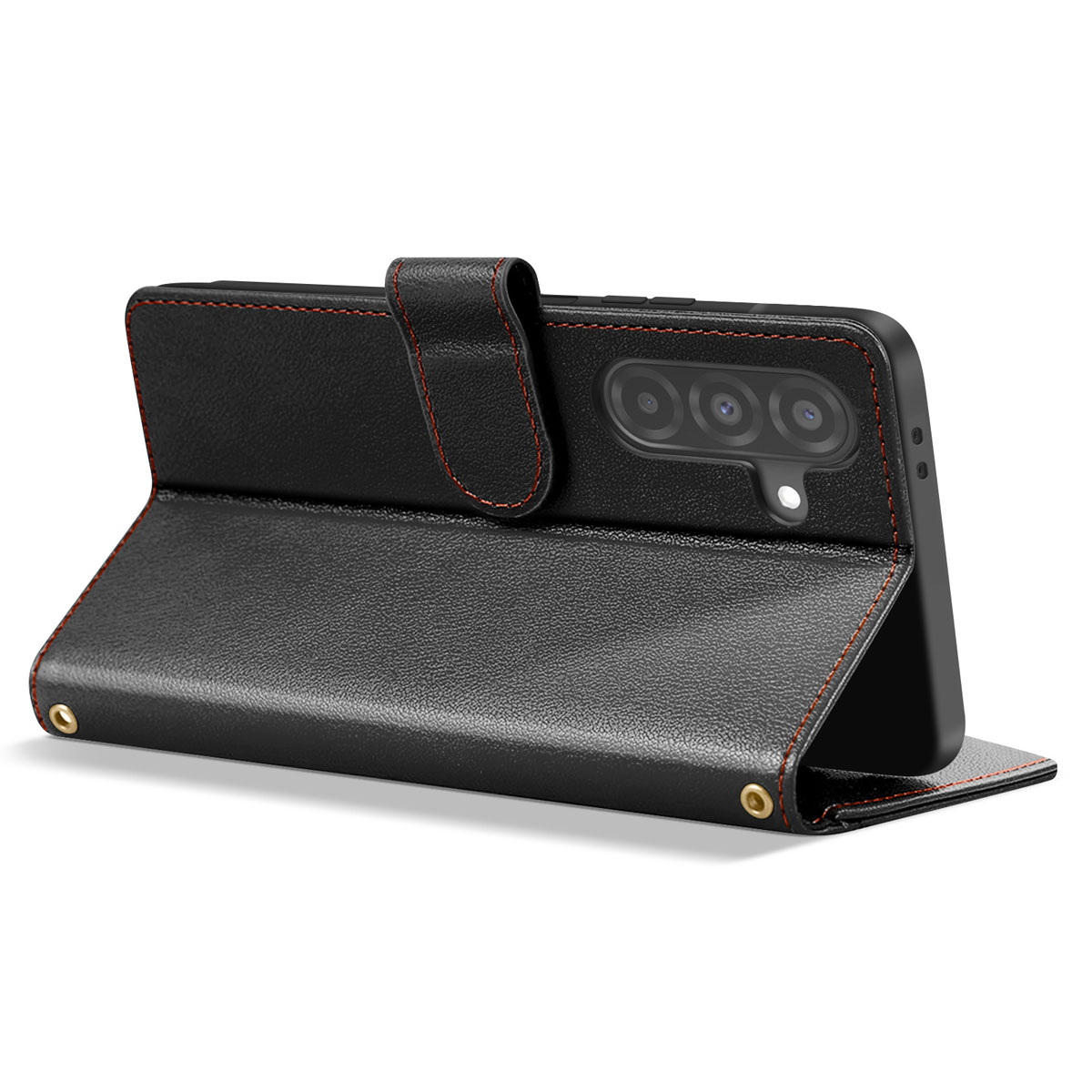 Custodia per telefono nera con cuciture arancioni, aperta per mostrare un telefono con tre fotocamere. La custodia ha una chiusura magnetica.