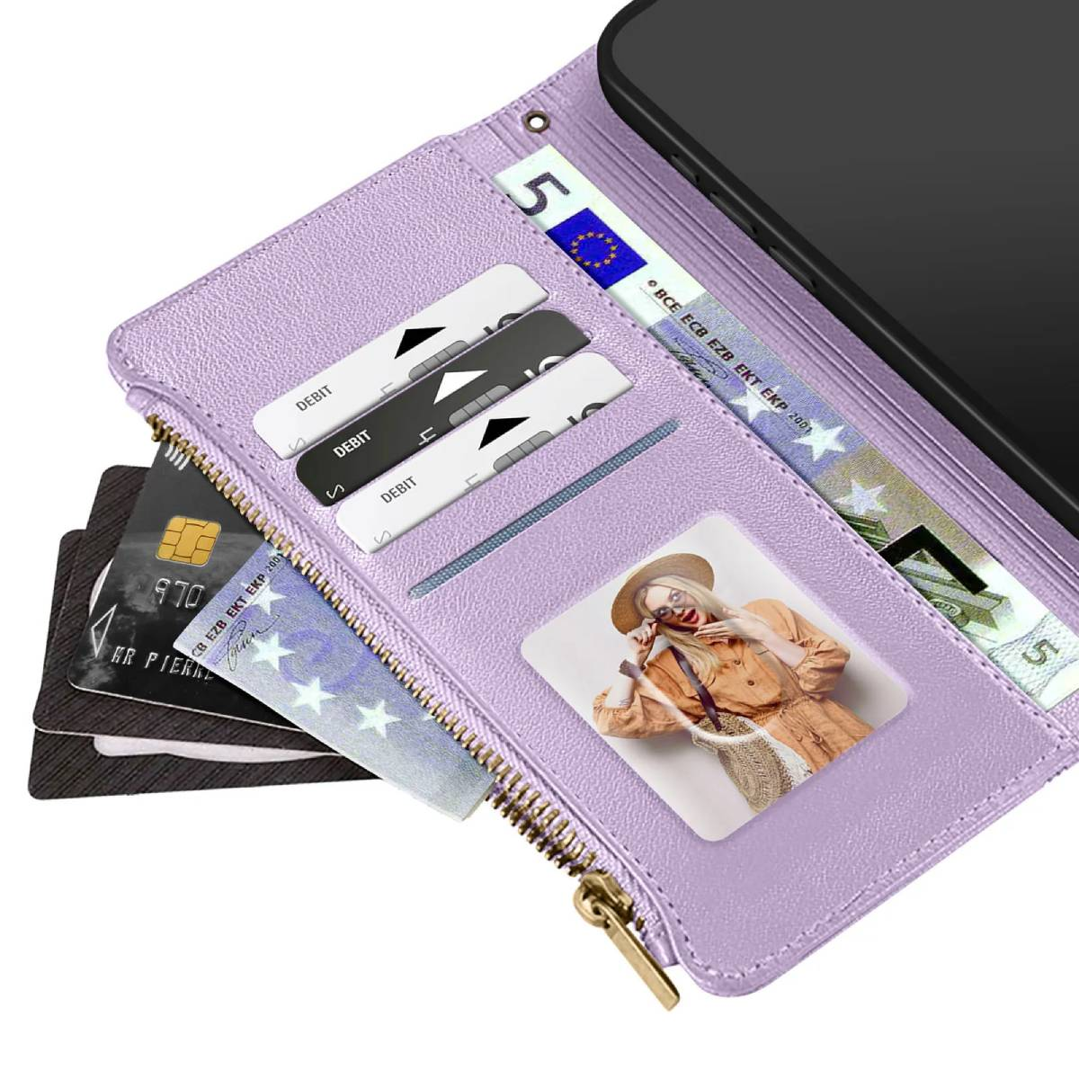 Un portafoglio viola con cerniera, carte e foto. Uno smartphone a destra. Banconote in euro e carte di debito visibili.