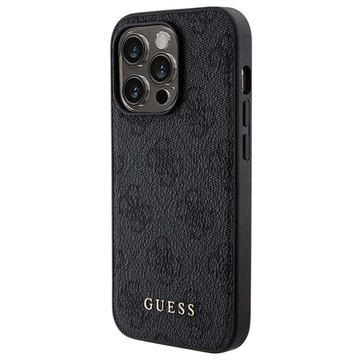 Custodia per telefono nera con superficie strutturata. Presenta un ritaglio per la fotocamera e il logo 'GUESS' dorato. Pulsanti laterali.