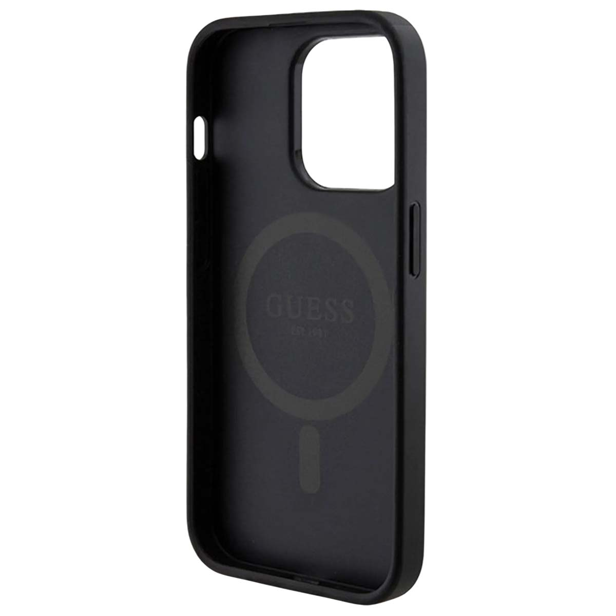 Una custodia nera per telefono con il logo "GUESS". Ha ritagli per la fotocamera e i pulsanti.