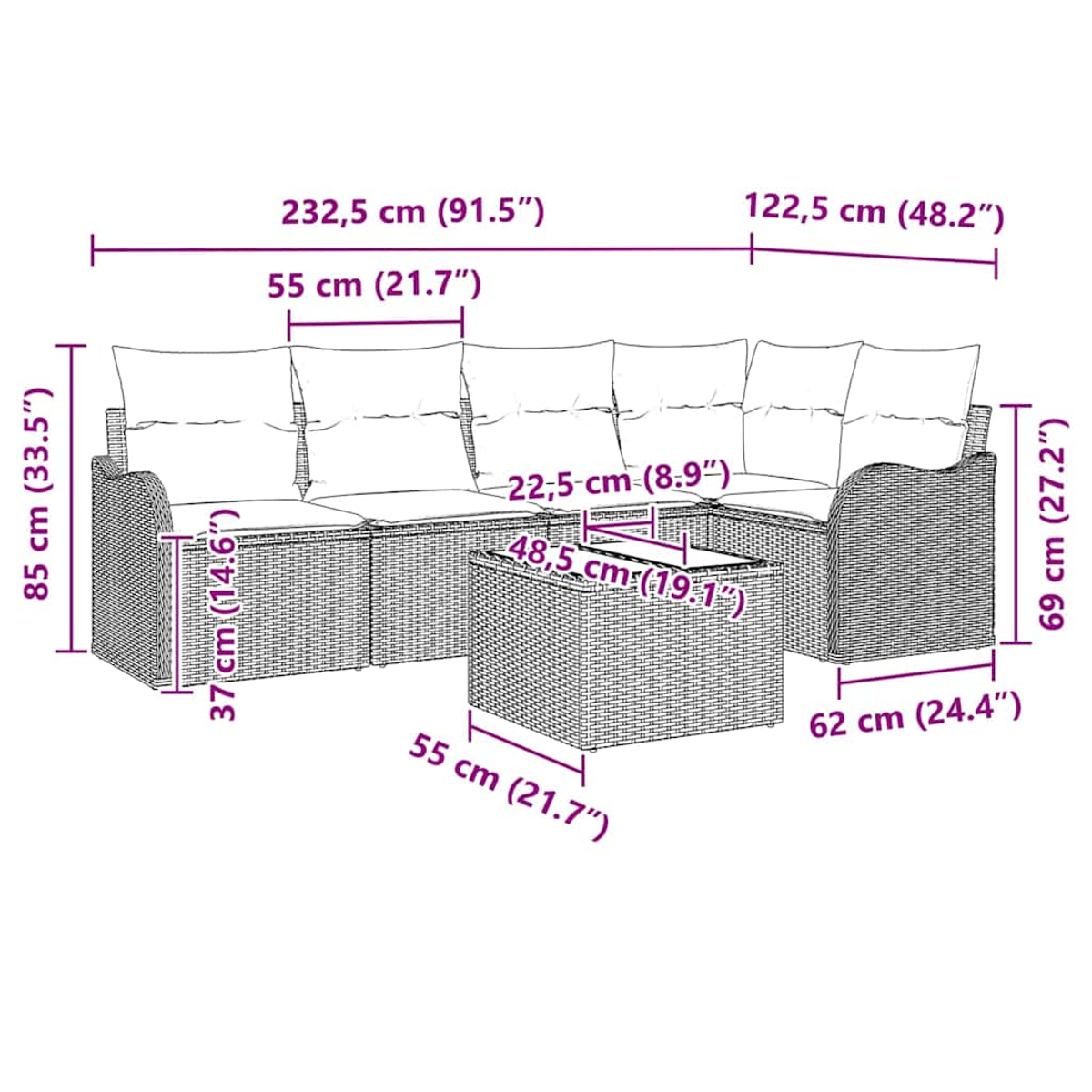 Diagramm eines geflochtenen Outdoor-Ecksofas mit Bemaßungen in cm und Zoll. Enthält einen Couchtisch.