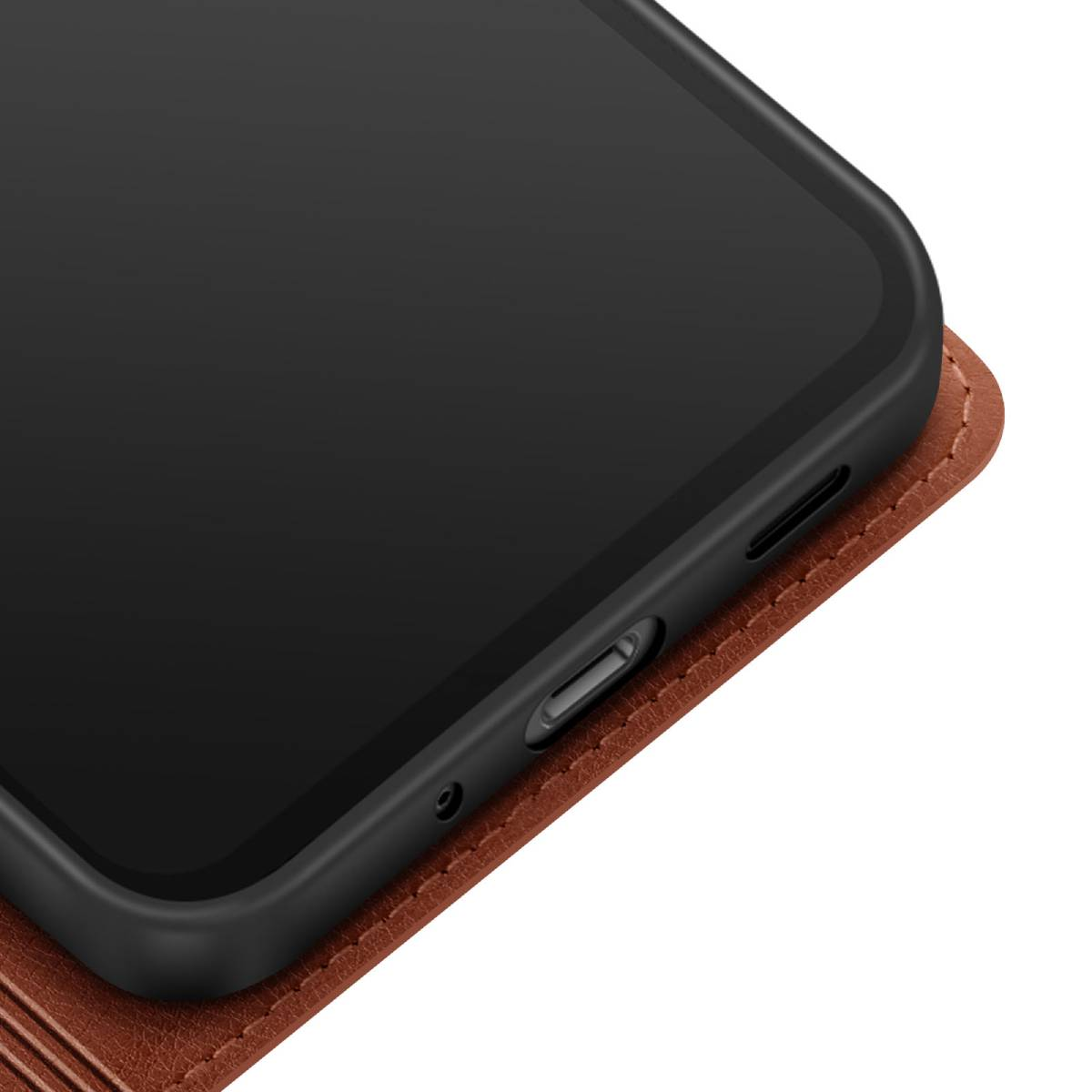 Nahaufnahme eines Smartphones in einer braunen Lederhülle. Der schwarze Bildschirm des Telefons ist sichtbar, mit Tasten und Anschlüssen.