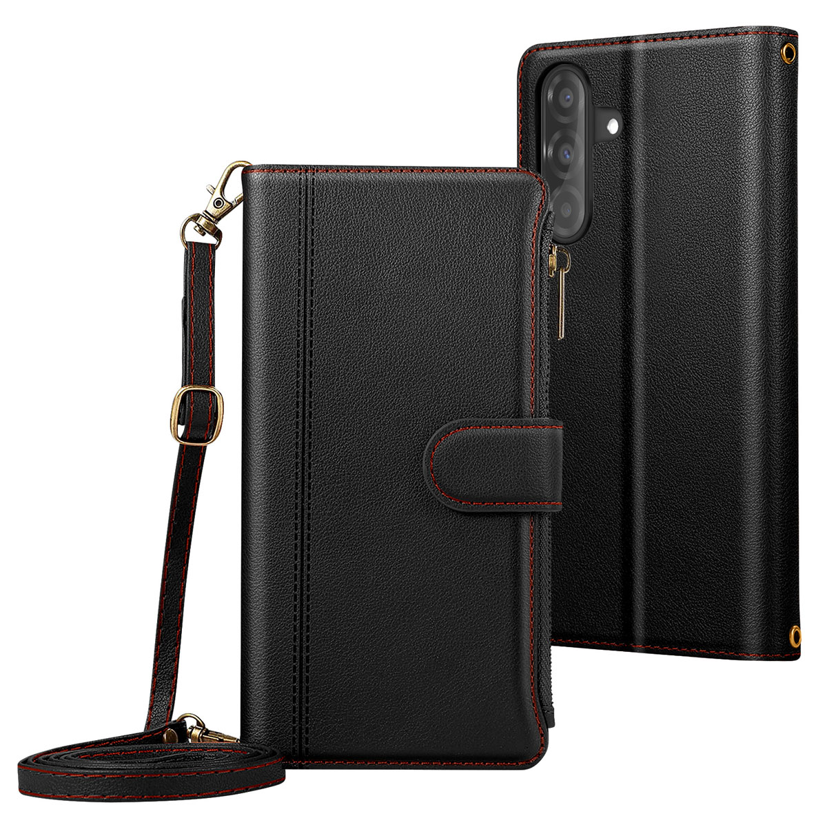 Custodia per telefono in pelle nera con cuciture rosse, cinturino e hardware dorato. Include una seconda custodia, entrambe aperte.