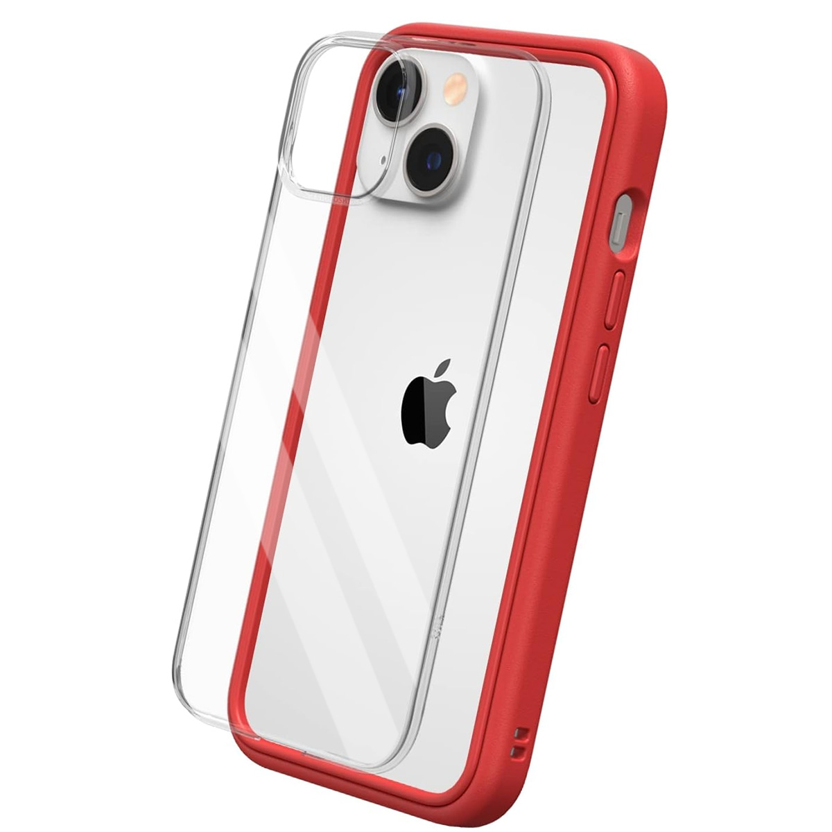 Un iPhone in una custodia rossa e trasparente. Il telefono è bianco con un logo Apple nero. La custodia è rossa e trasparente.