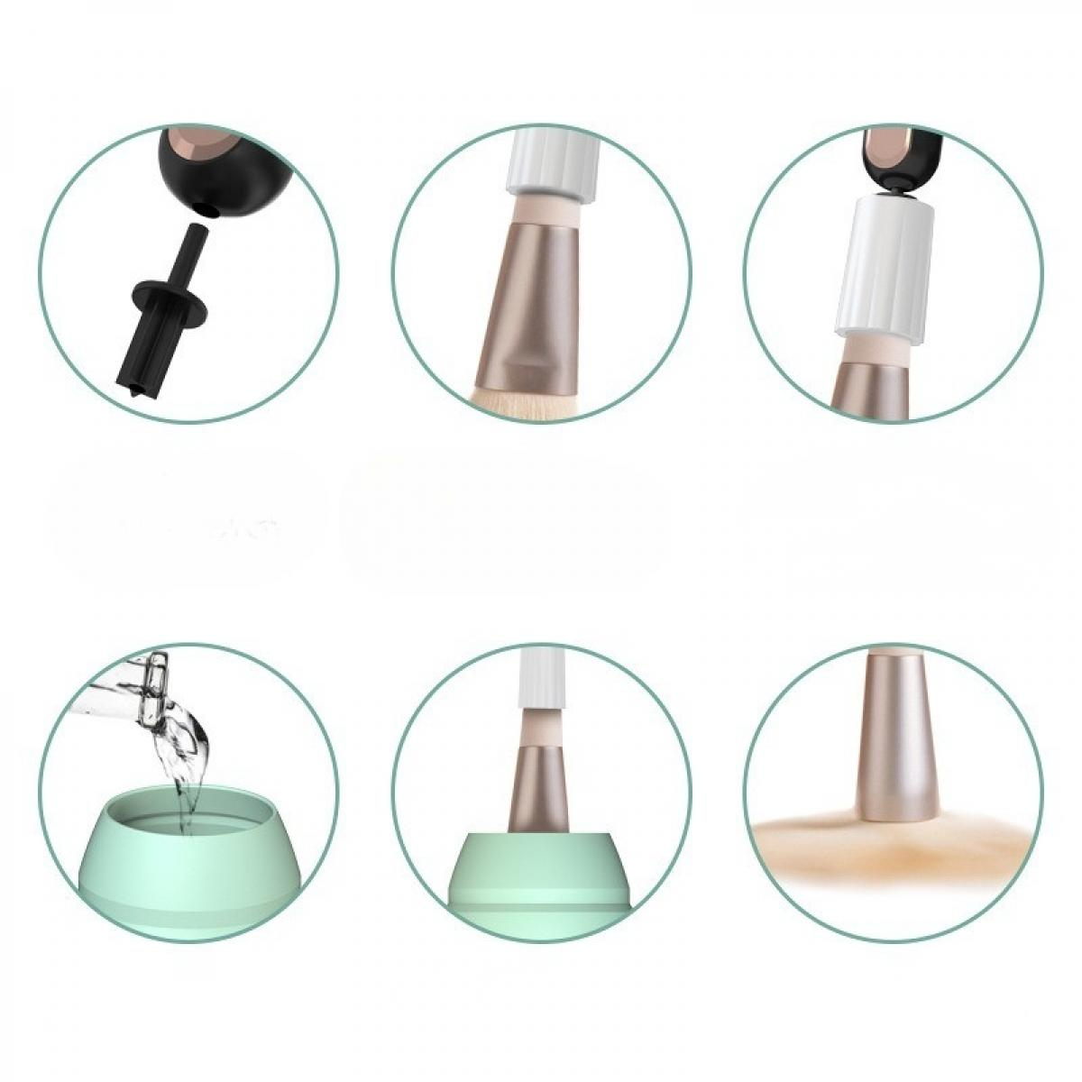 Diagramm zeigt Schritte zur Reinigung von Make-up-Pinseln. Beinhaltet Pinselköpfe, ein Reinigungsgerät und einen Behälter mit Wasser.