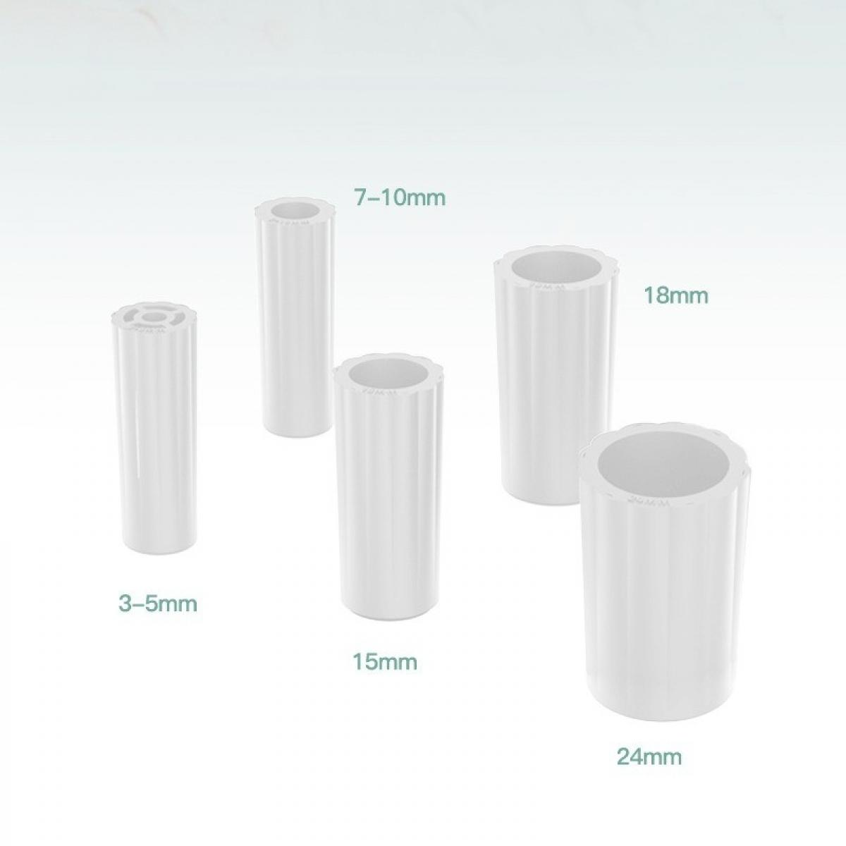 Fünf weiße, geriffelte Zylinder unterschiedlicher Höhe und Durchmesser sind auf einer weißen Oberfläche angeordnet. Größen sind mit 3-5mm, 7-10mm, 15mm, 18mm, 24mm beschriftet.