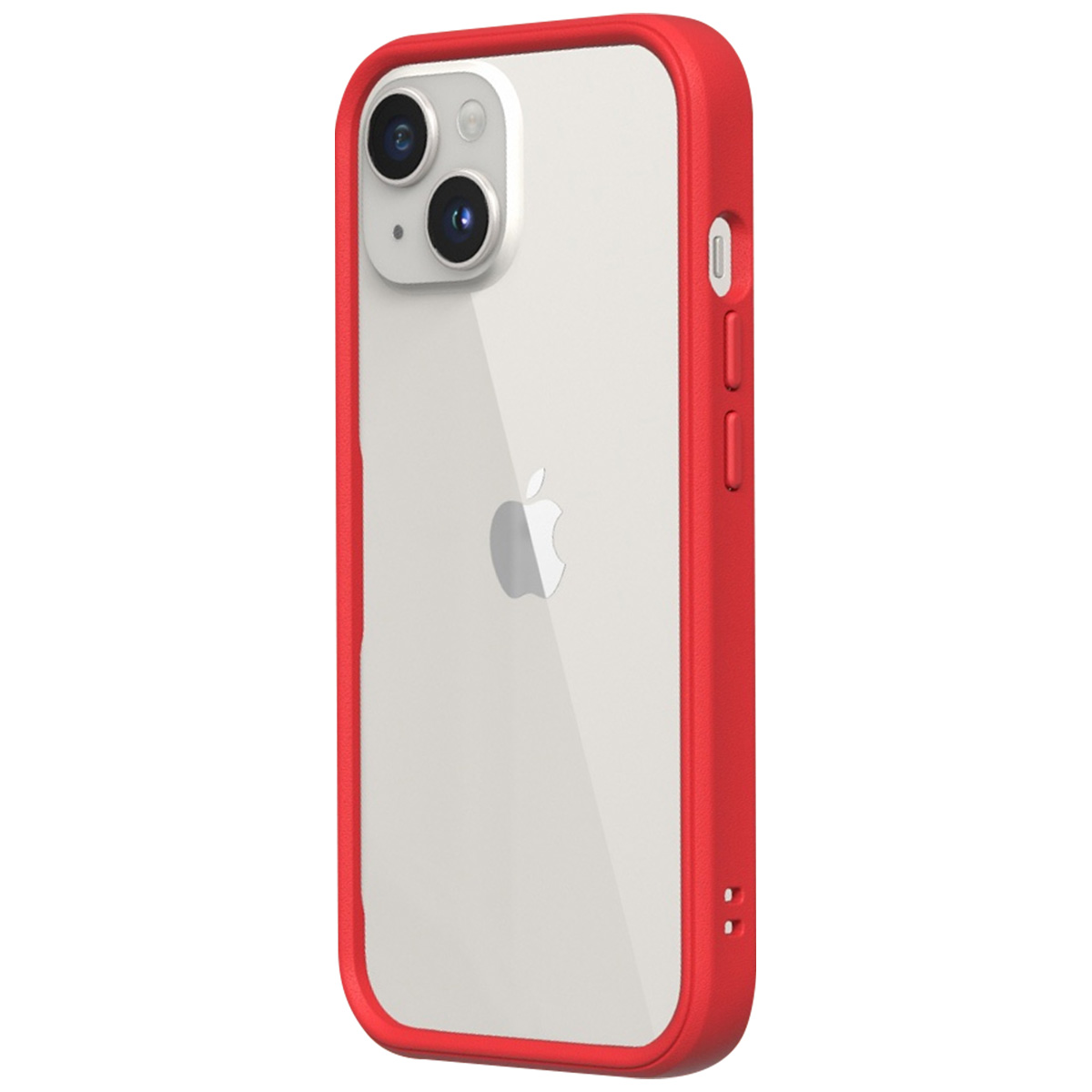 Un iPhone in una custodia rossa è in mostra. Il telefono ha un retro trasparente e un bordo rosso, con il logo Apple visibile.