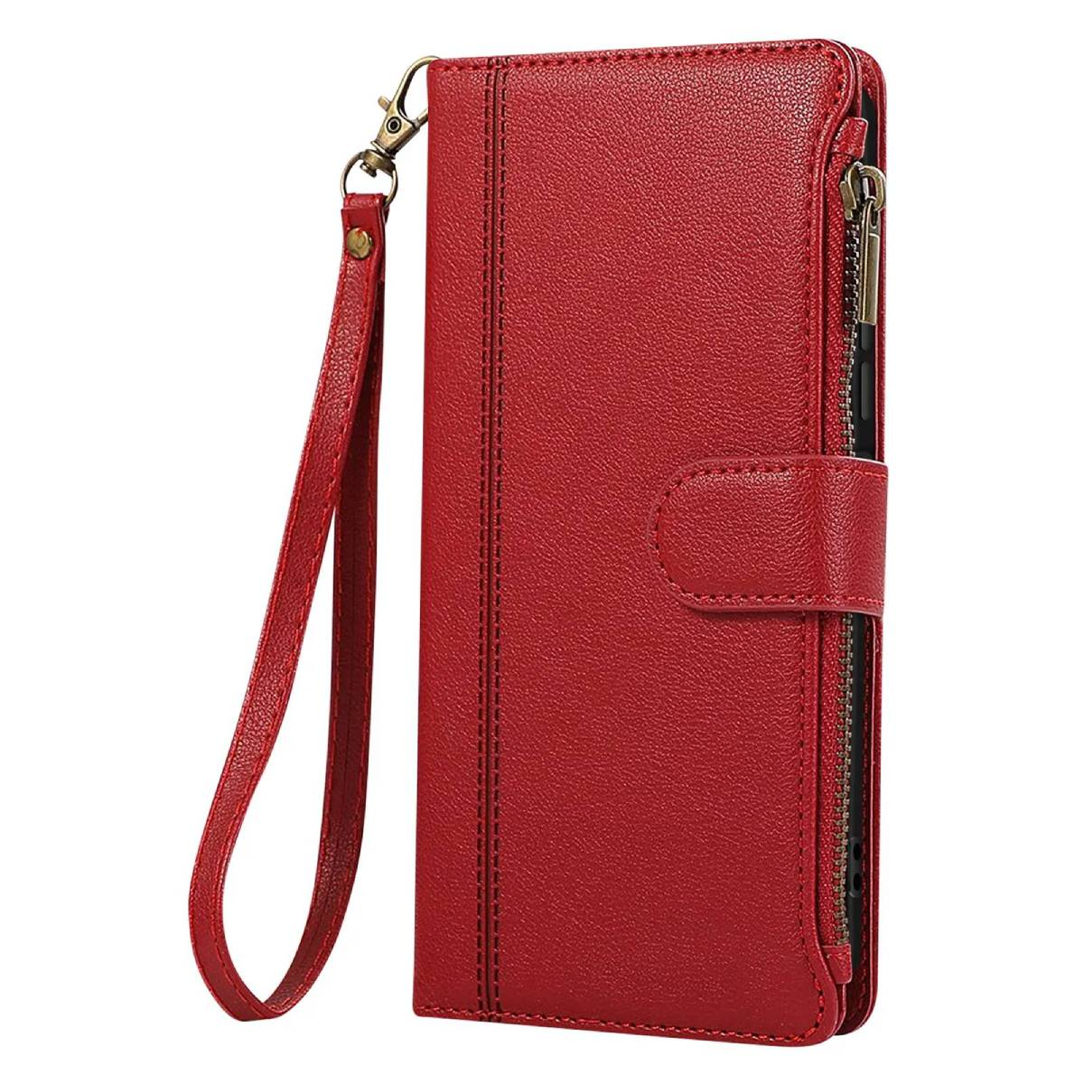 Portafoglio in pelle rosso con cerniera, cinturino e chiusura a scatto. Ha una superficie strutturata e una chiusura color oro.