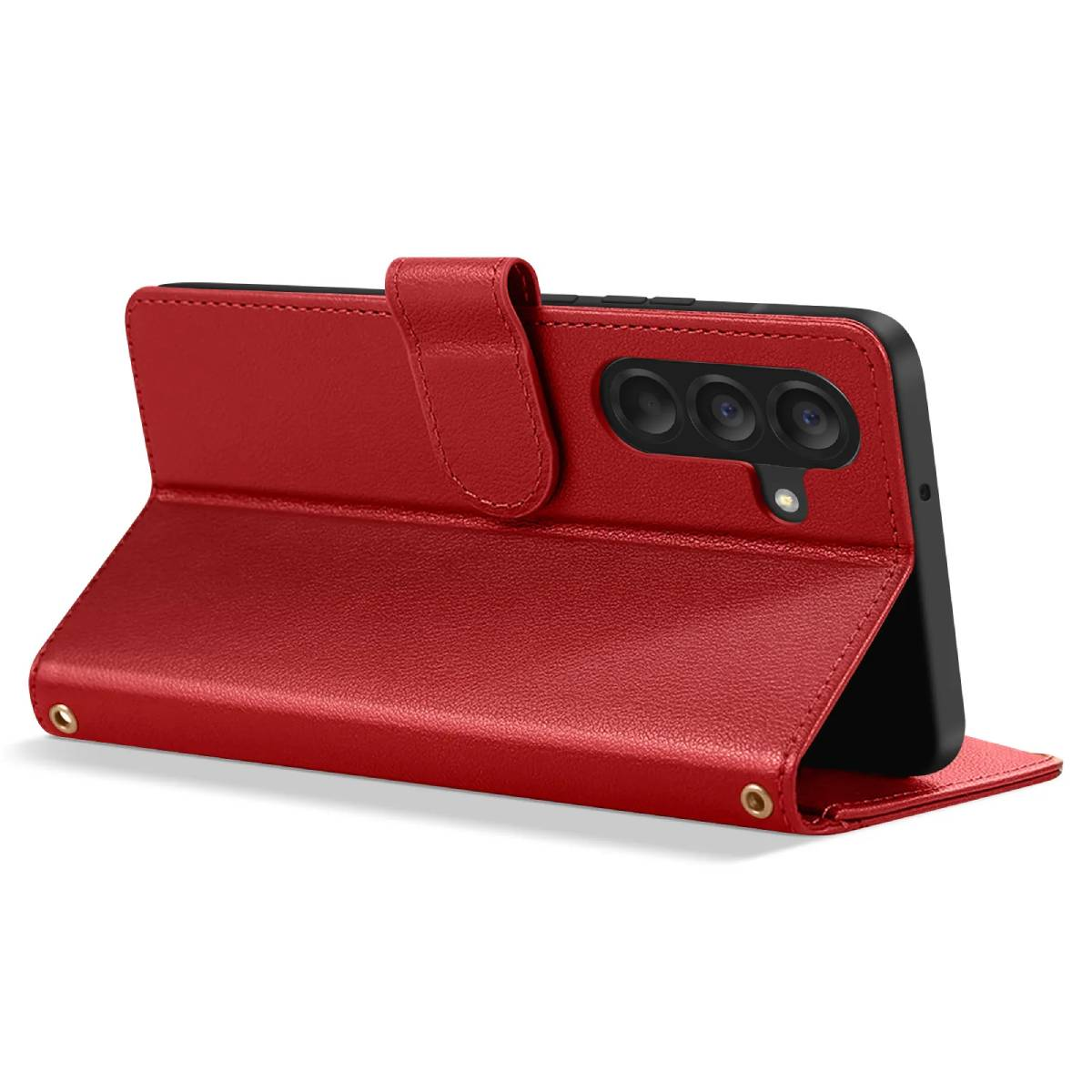 Custodia rossa per telefono aperta, che mostra il telefono con tripla fotocamera. La custodia ha una chiusura magnetica. Rivetti dorati visibili.